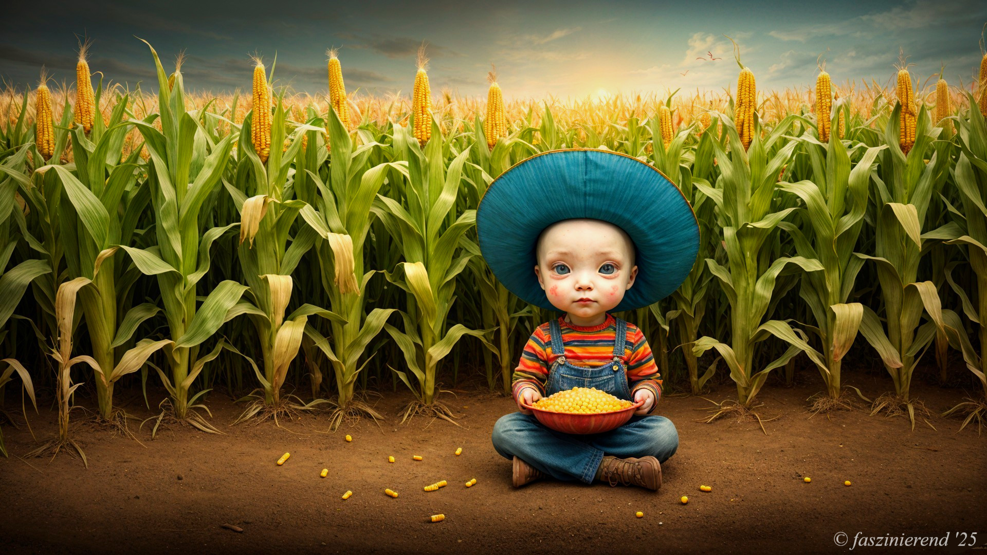 Child in Cornfield with Bowl of Corn Kernels