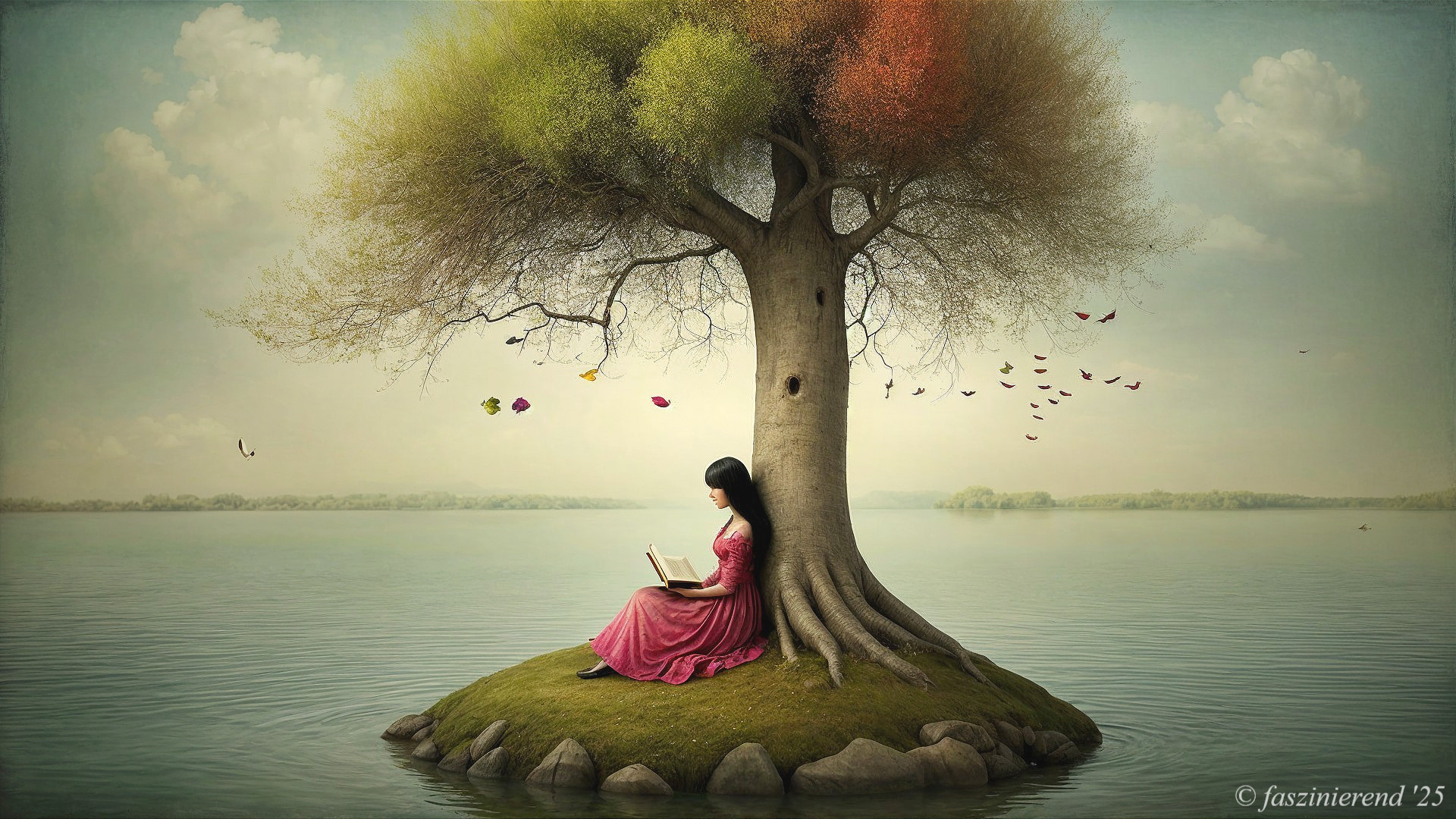 Young Woman Reading Under Autumn Tree by Water