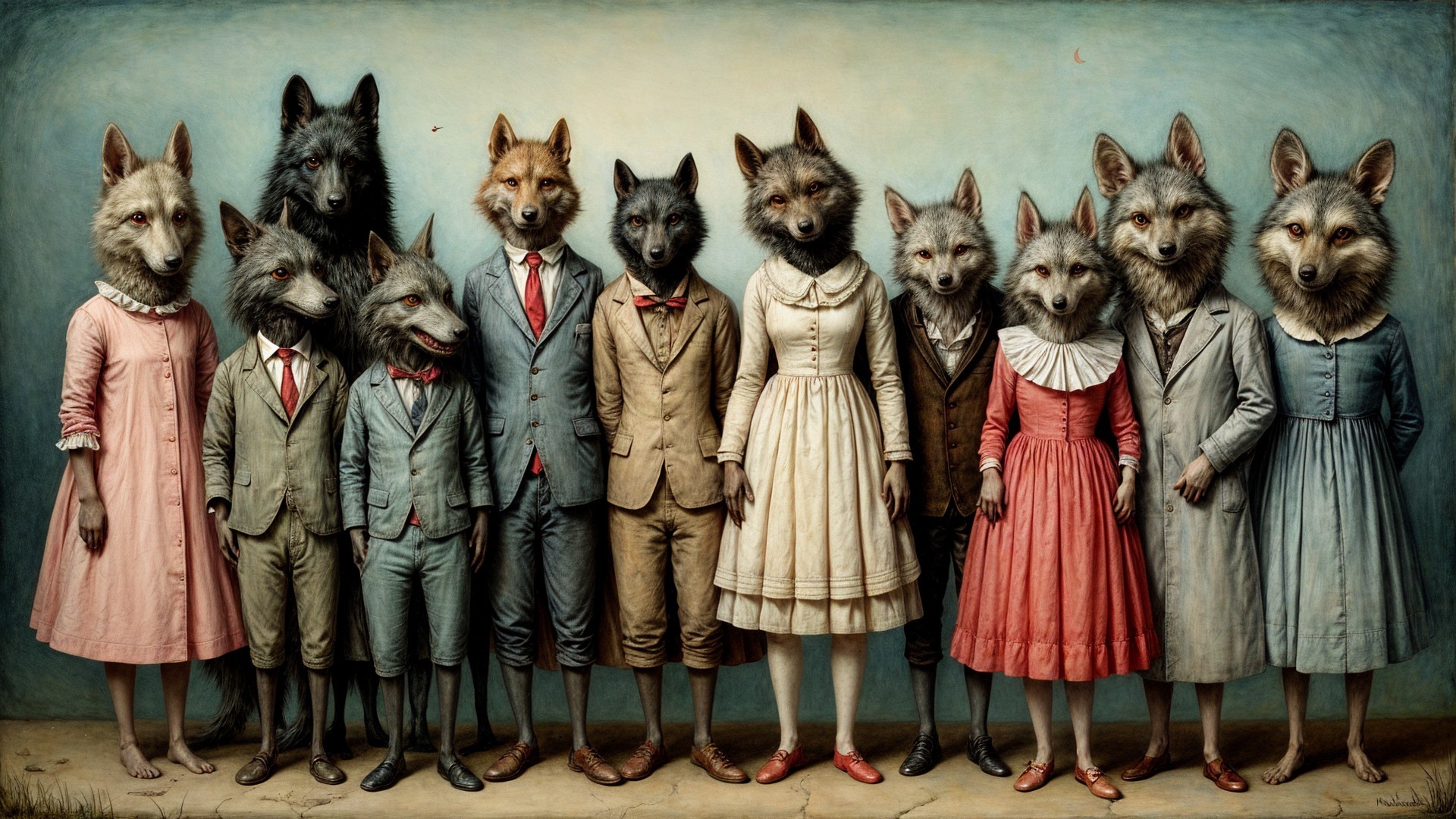 Anthropomorphic wolves in formal attire gathering scene