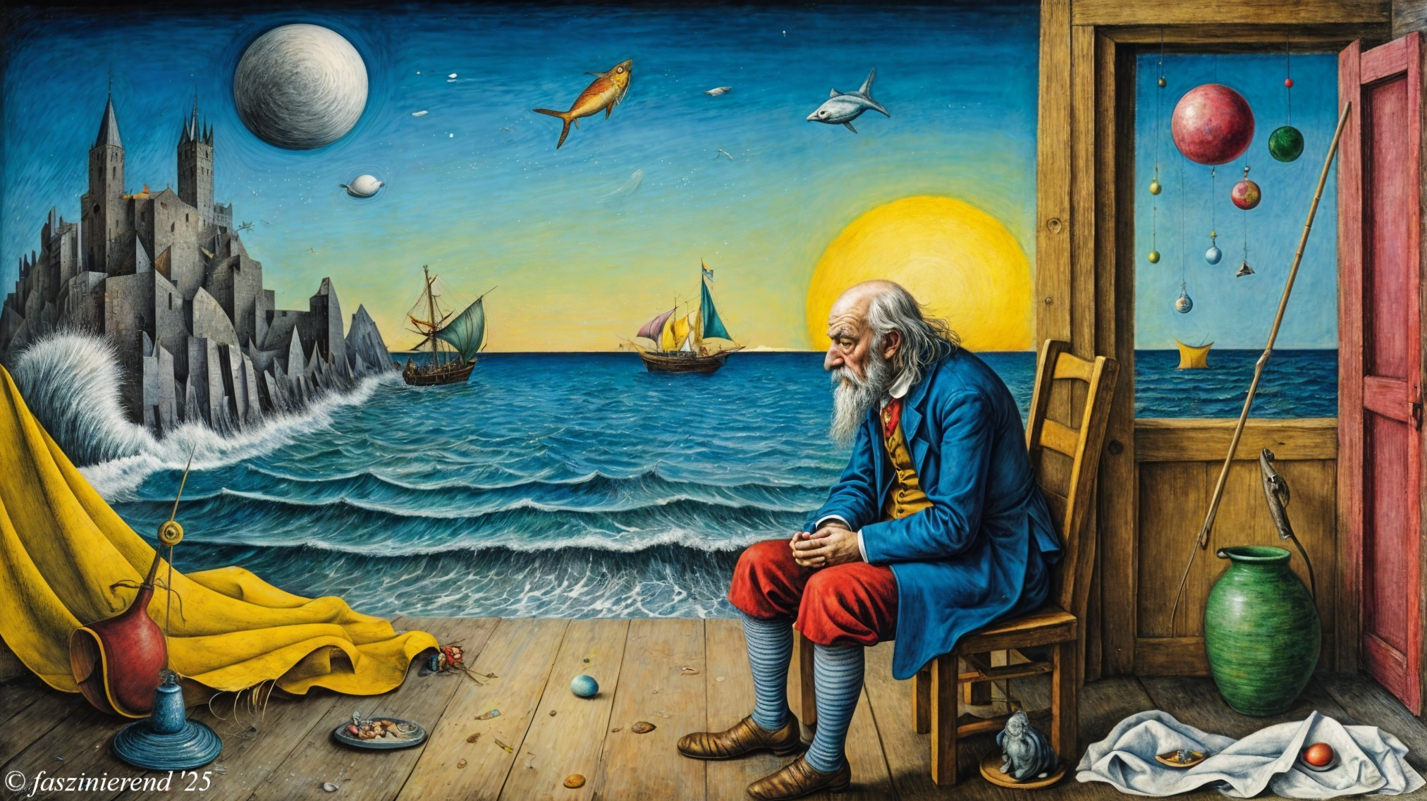Elderly Man in Wooden Chair Overlooking Vibrant Seascape