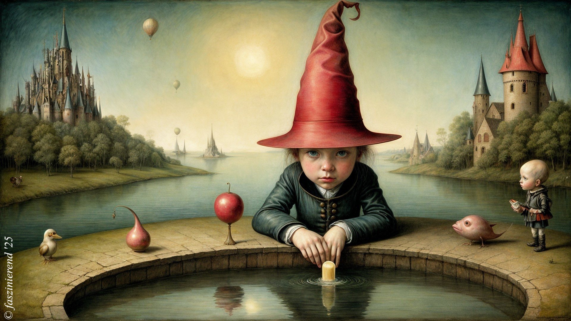 Whimsical Scene of a Girl by a Serene Pond