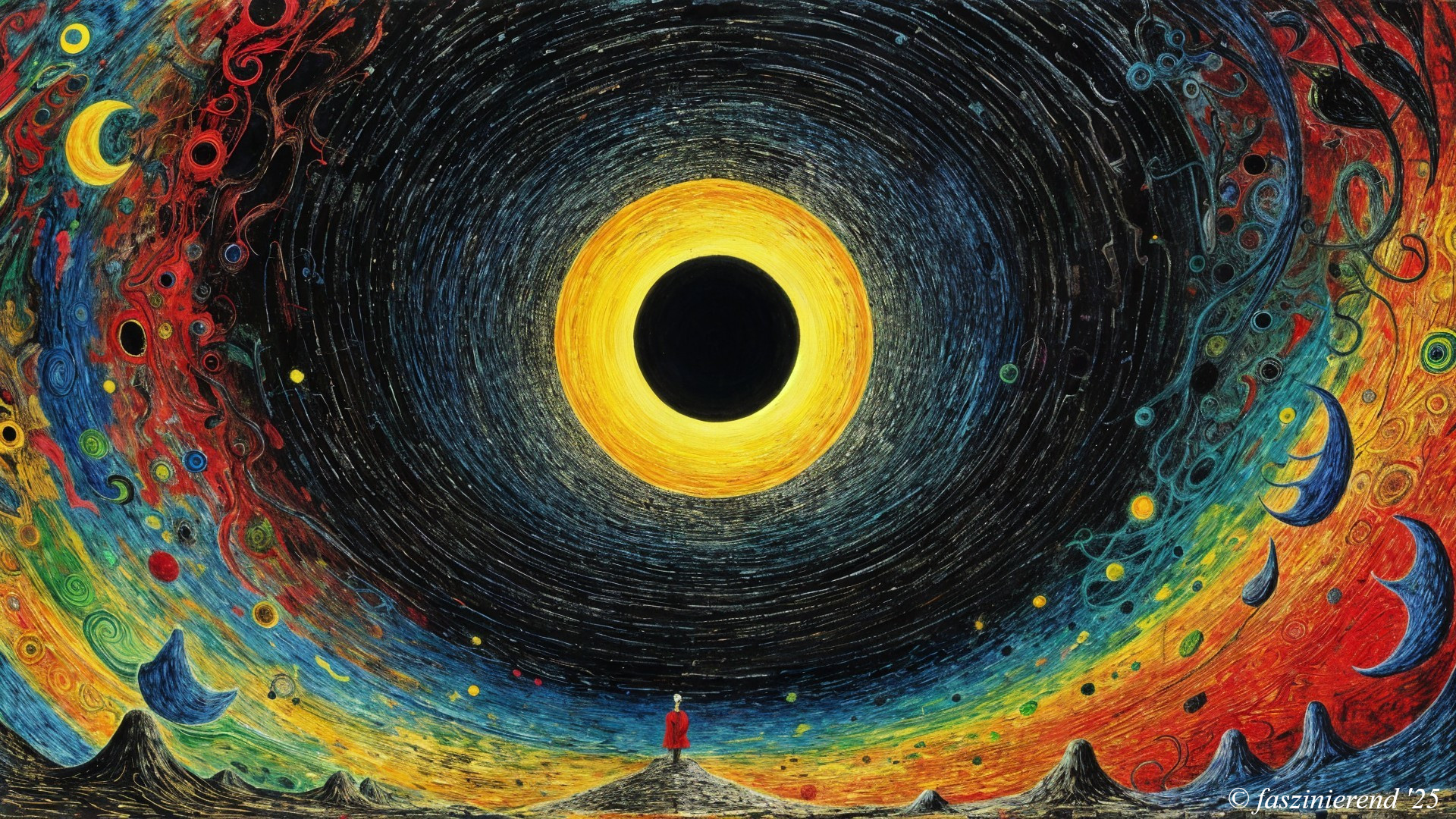 Vibrant Cosmic Scene with Black Hole and Figure