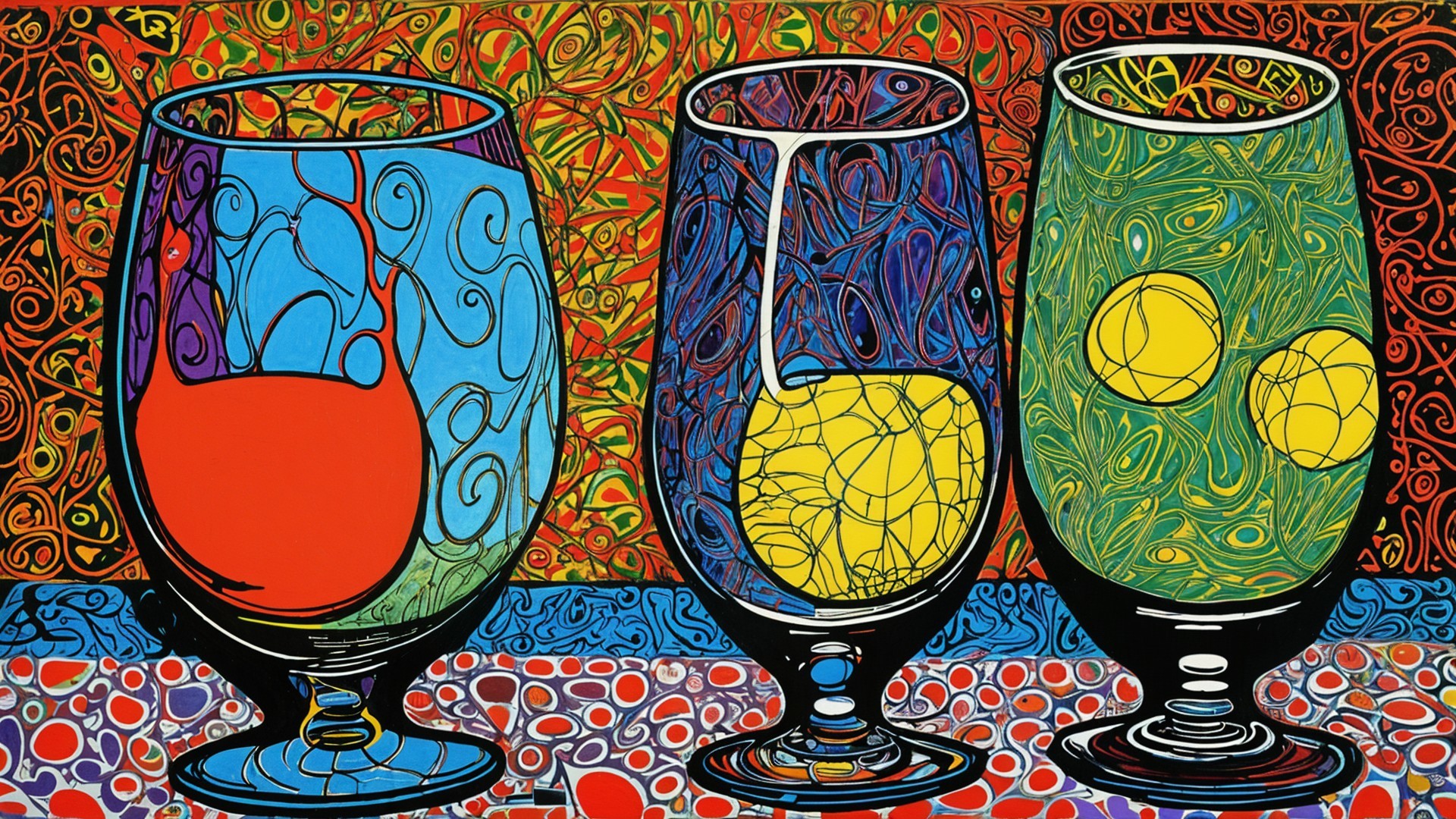 Stylized Glasses with Colorful Liquids on Abstract Background