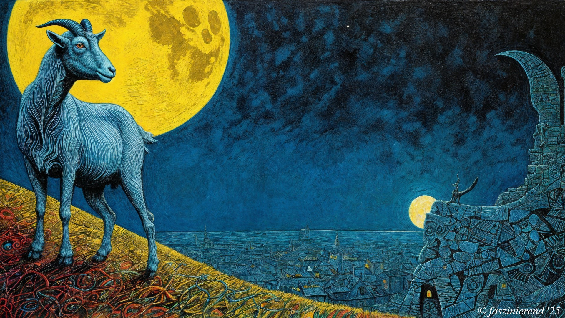 Surreal Scene of Blue Goat Under Yellow Moonlight