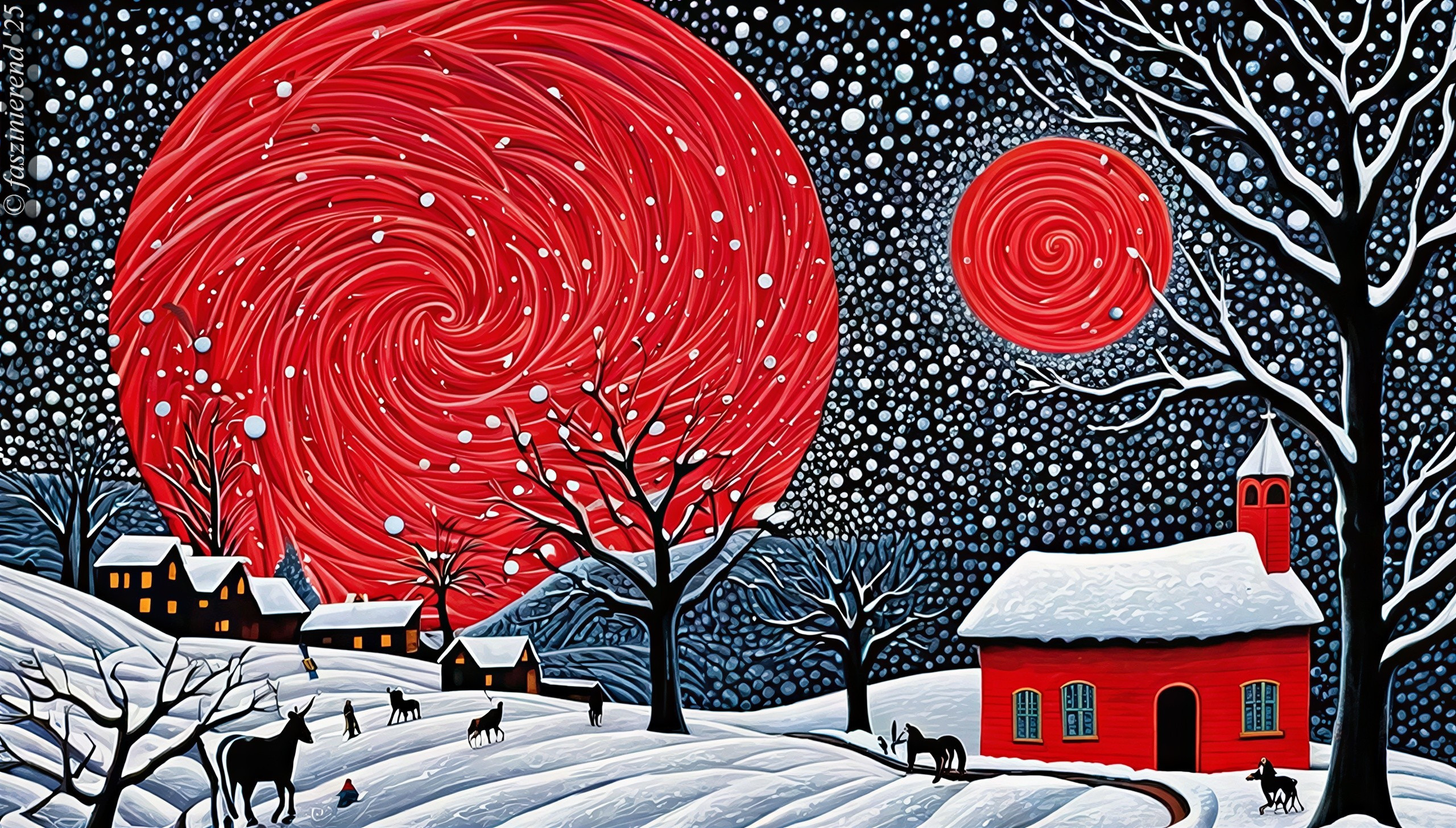 Folk Art Winter Wonderland with Spiral Moons and Snow