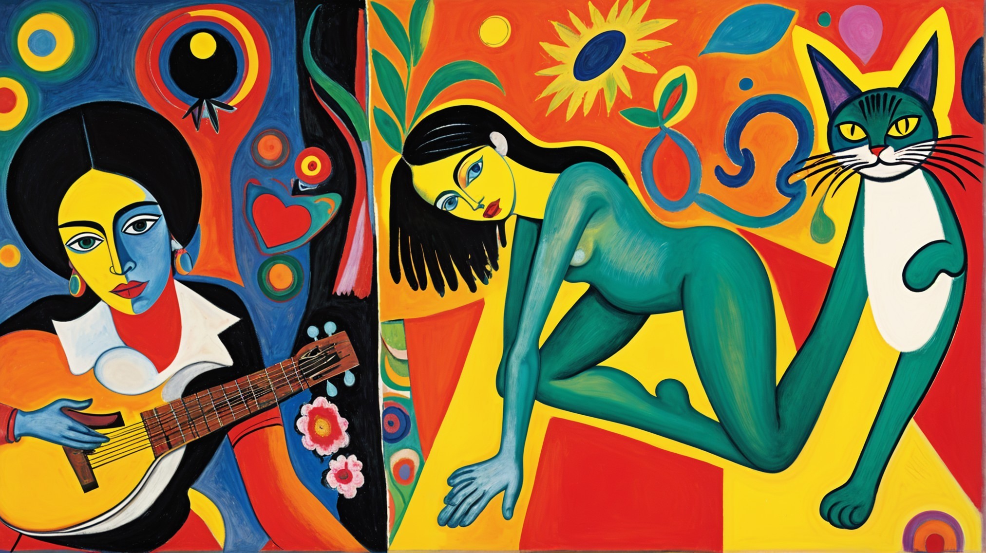 Vibrant Artwork of Woman with Guitar and Green Figure