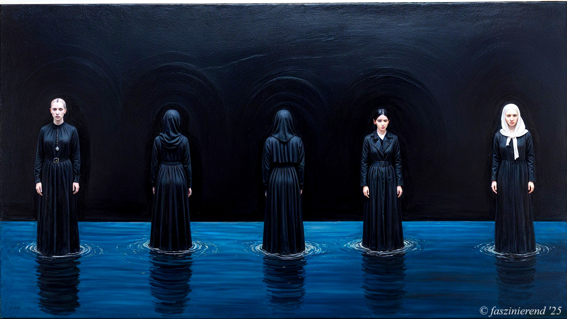 Five Women in Black Garments in Shallow Water