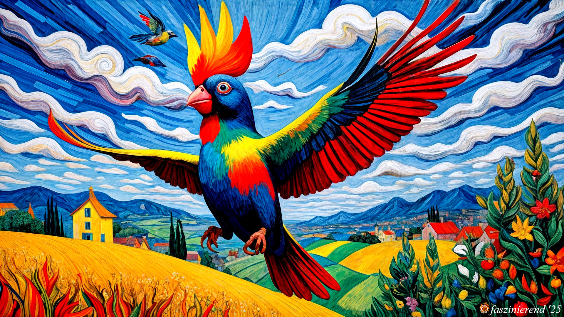 Colorful Parrot in Whimsical Landscape with Village