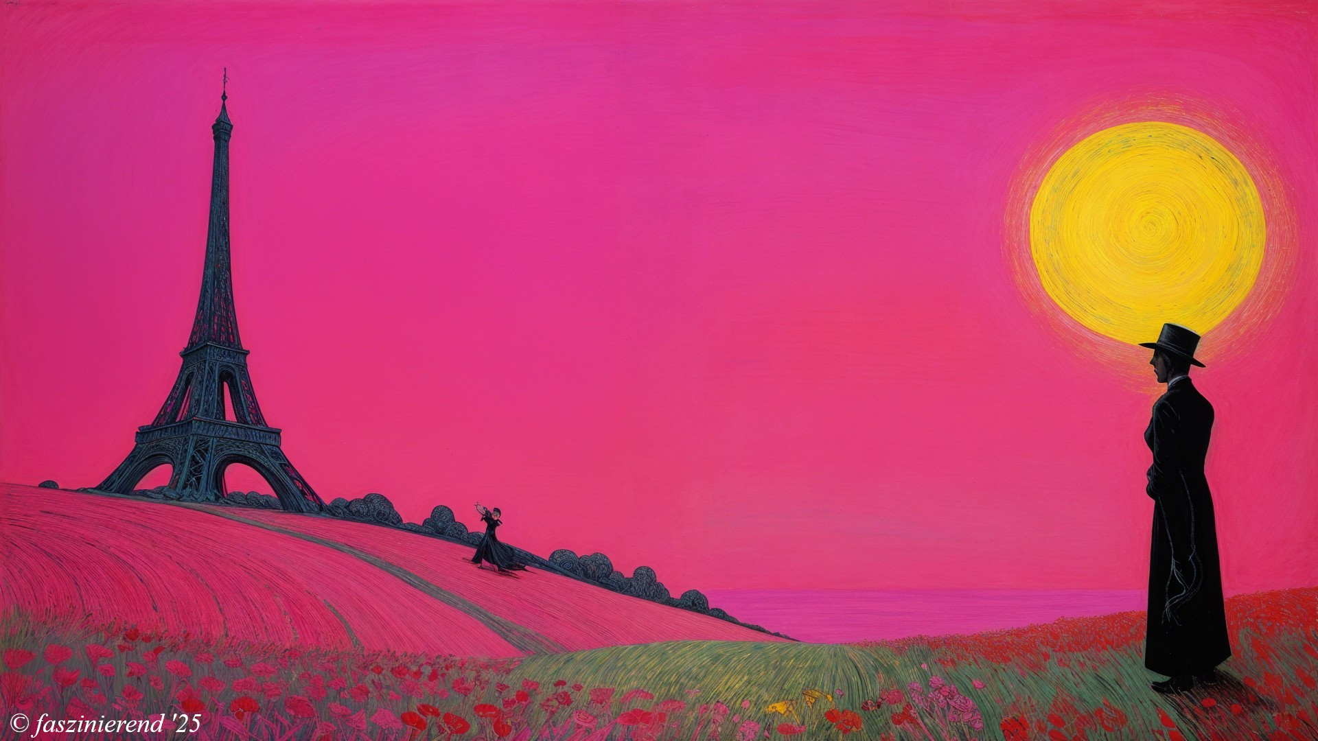 Vibrant Pink Landscape with Eiffel Tower and Poppies