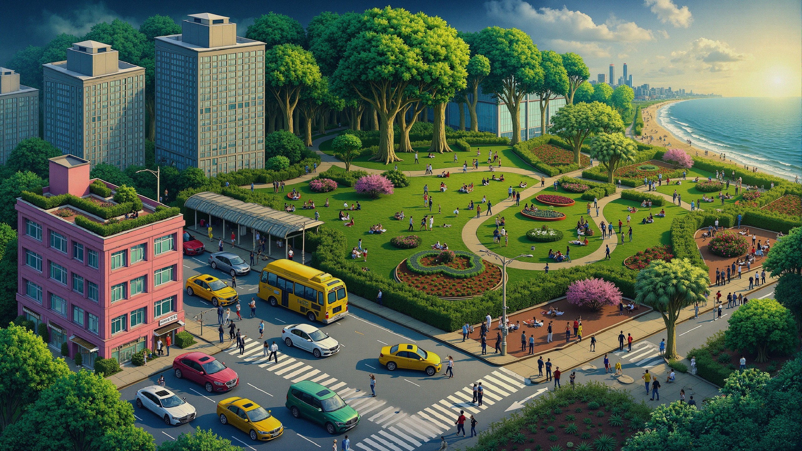 Vibrant city park with lush trees and busy skyline