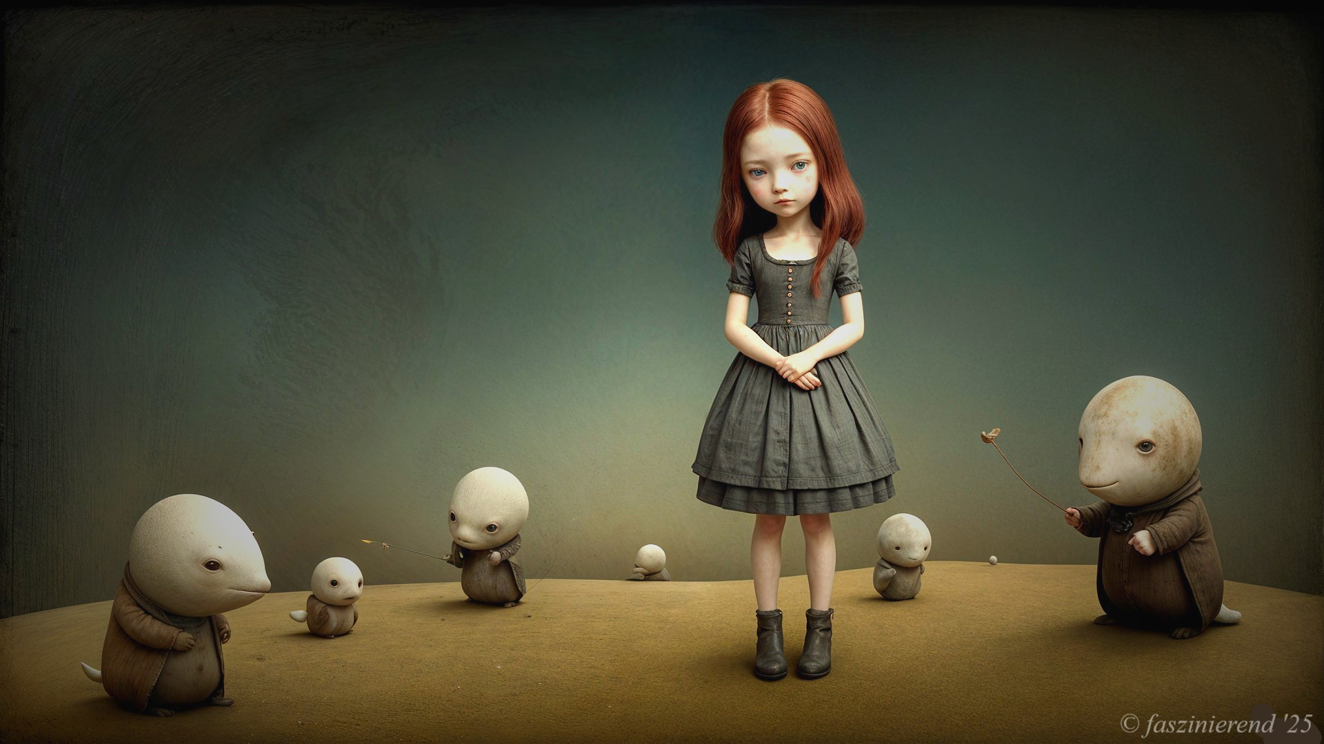 Young girl in gray dress with whimsical creatures