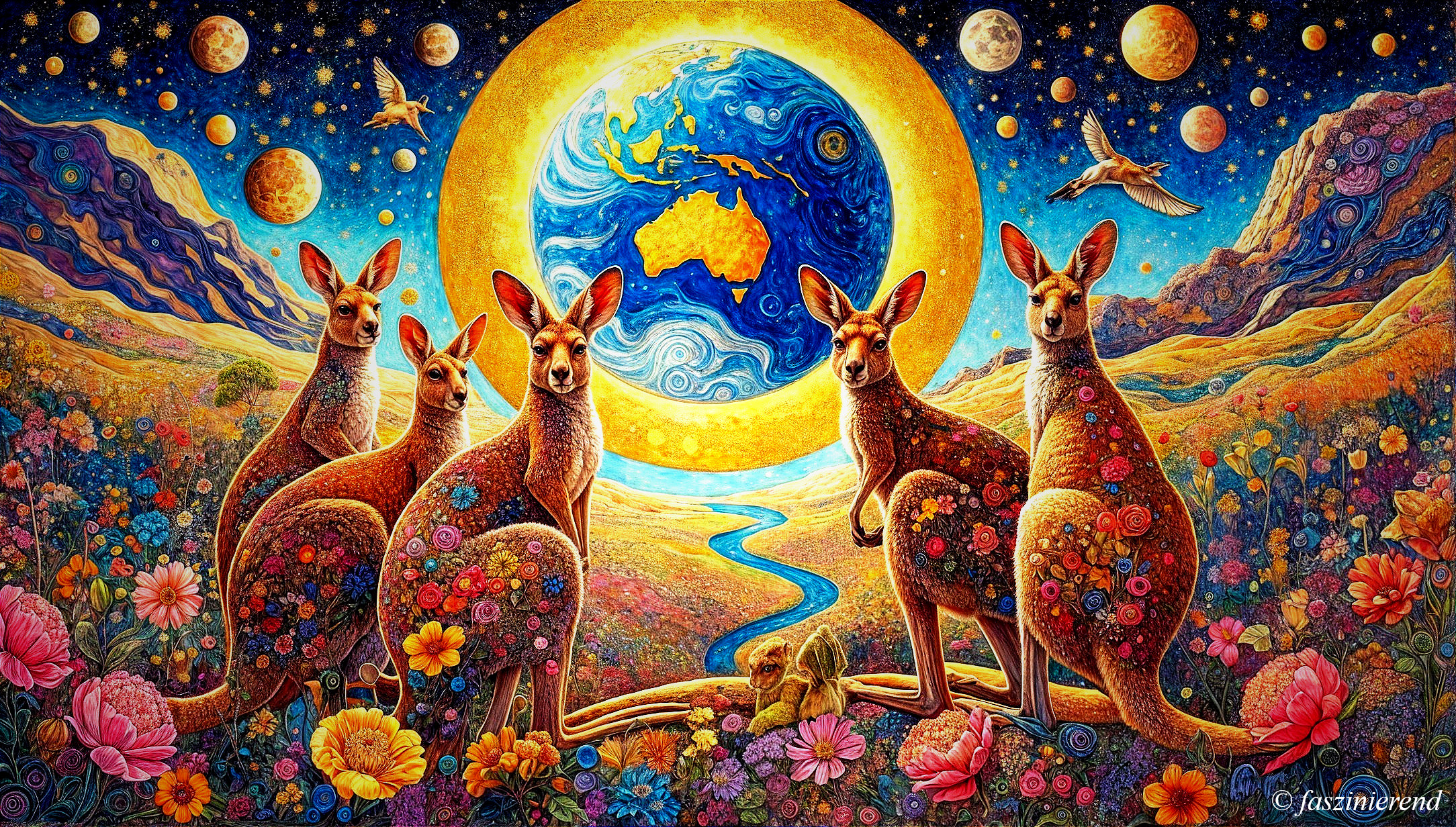 Surreal Landscape with Kangaroos and Colorful Flowers