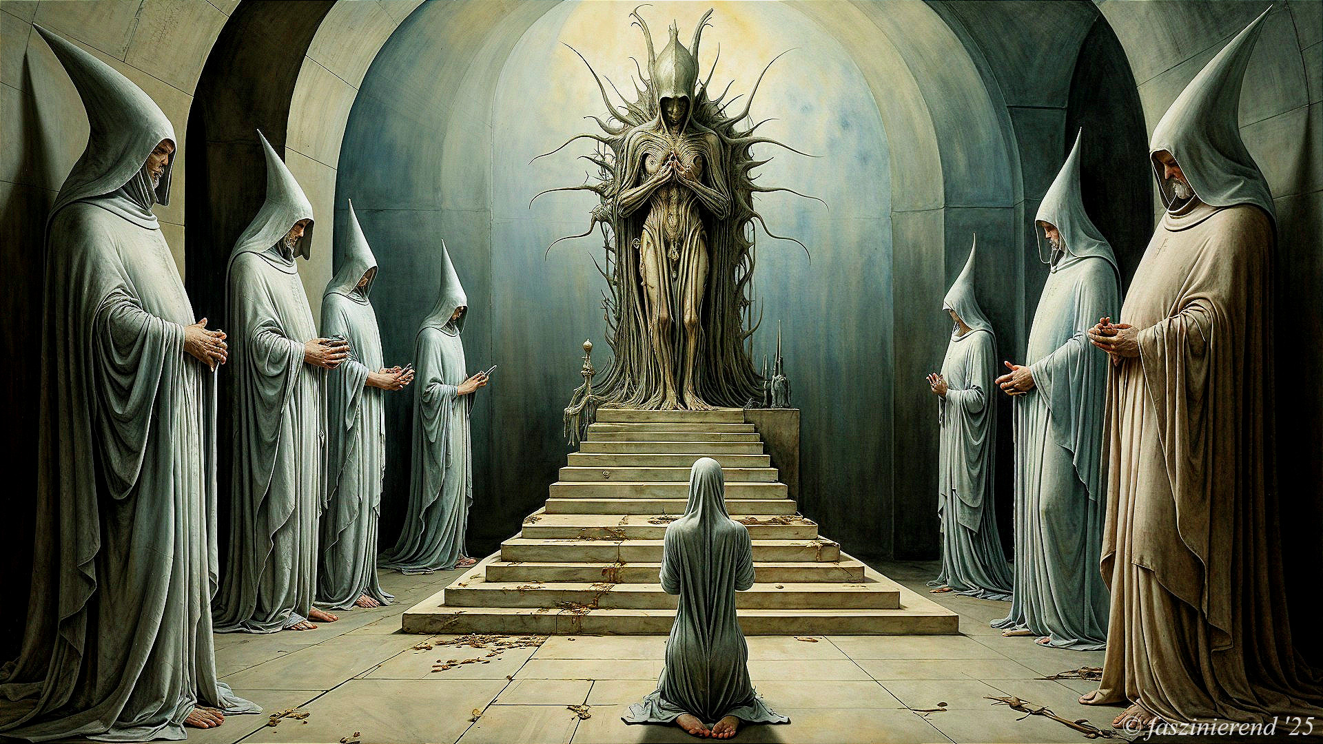 Hooded Figures in Robes Surround Ornate Throne