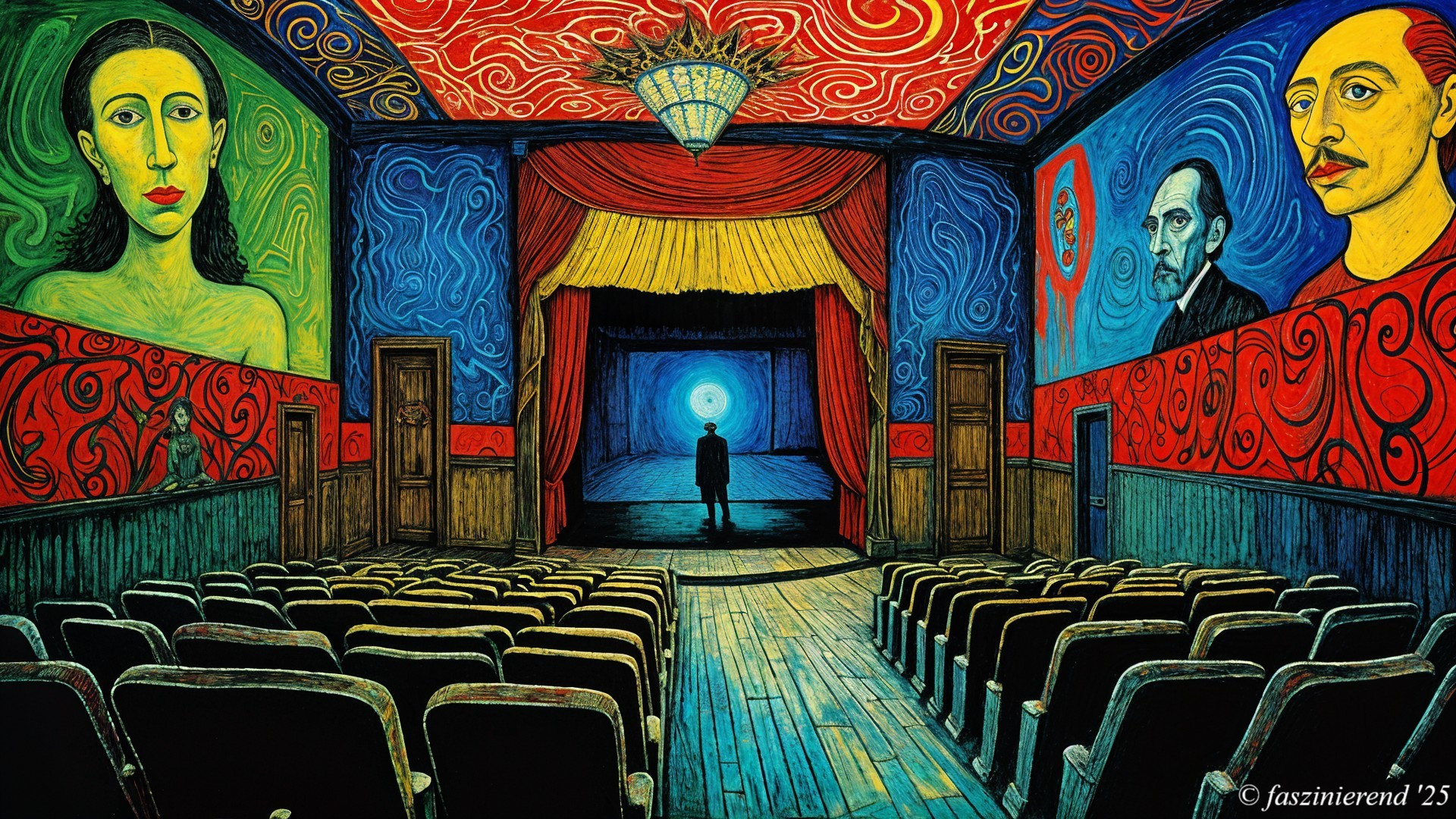 Vibrant Theater Scene with Colorful Portraits and Lighting