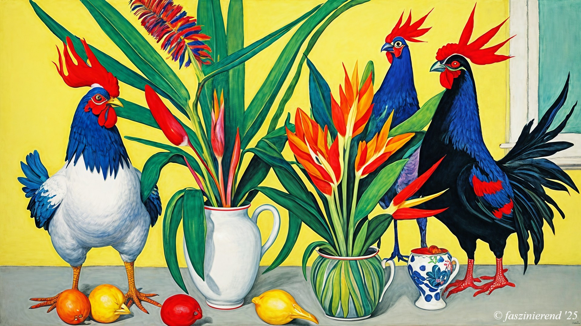 Vibrant Still Life with Roosters and Tropical Plants