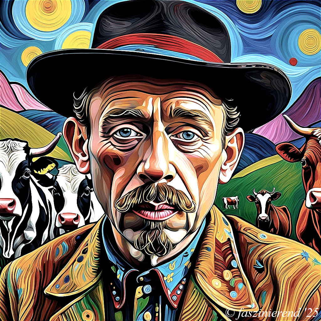 Stylized Portrait of a Man with Cows in Landscape