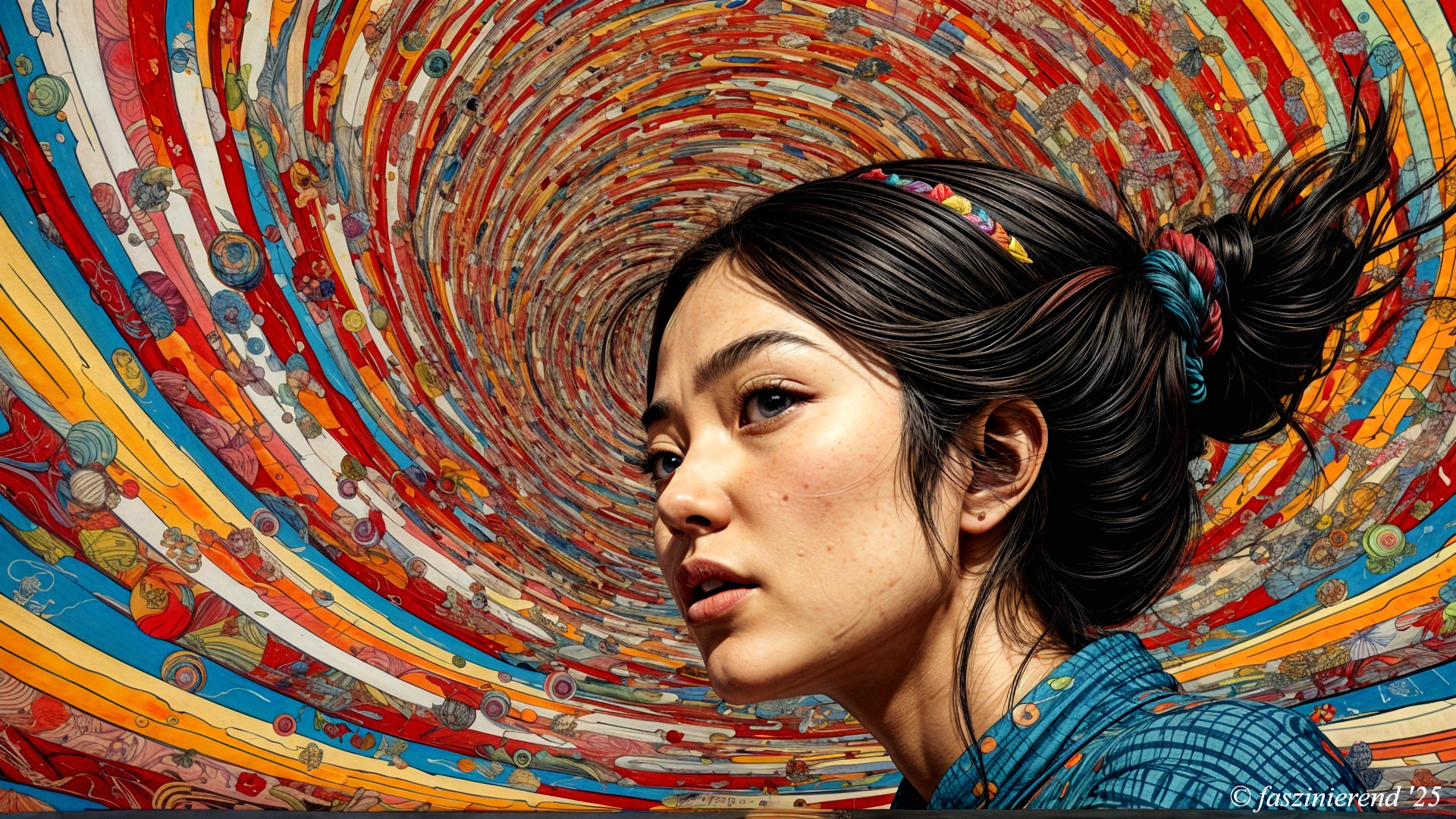 Young woman with serene expression in vibrant background