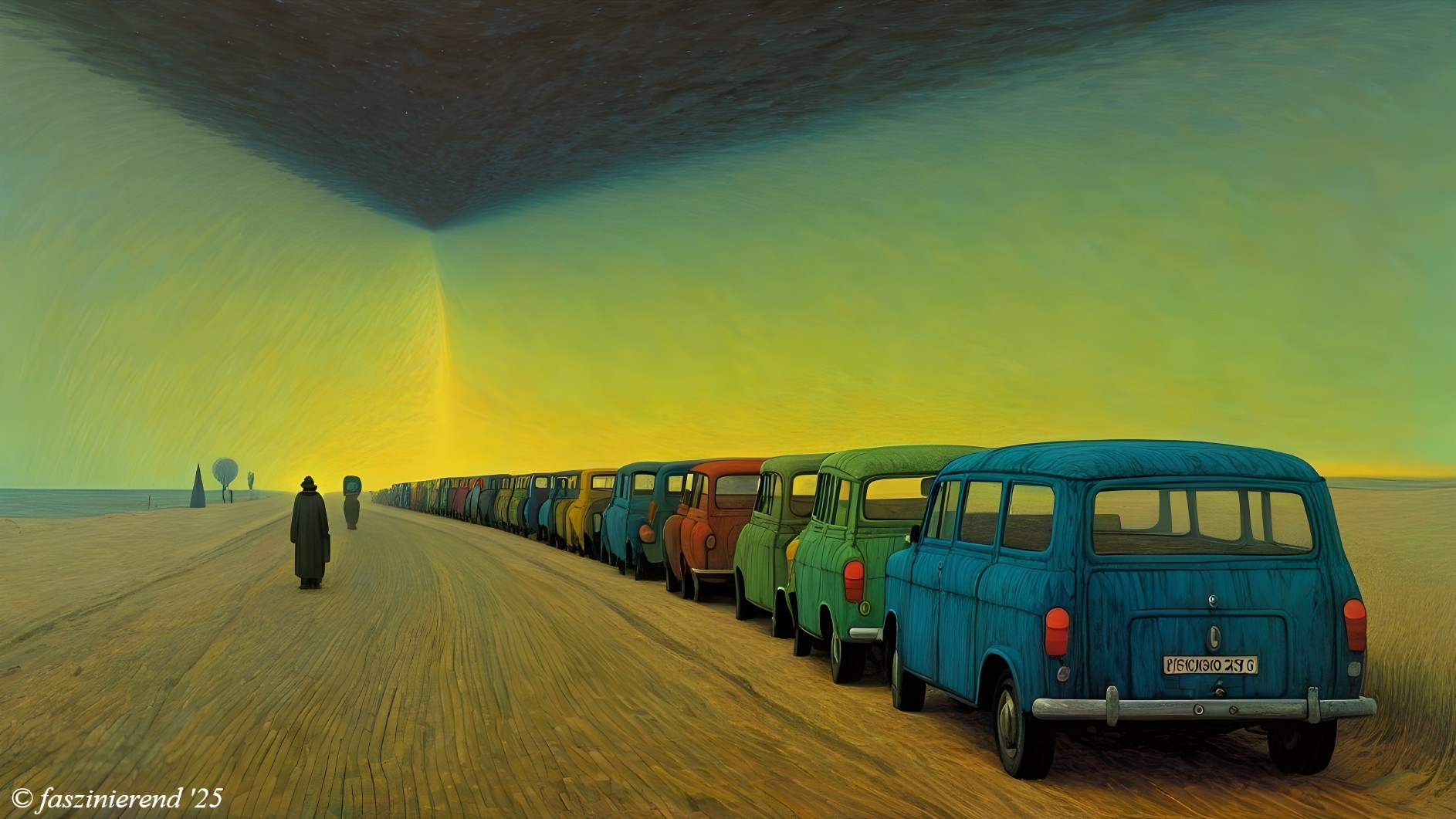 Surreal Landscape with Vintage Cars and Dramatic Sky