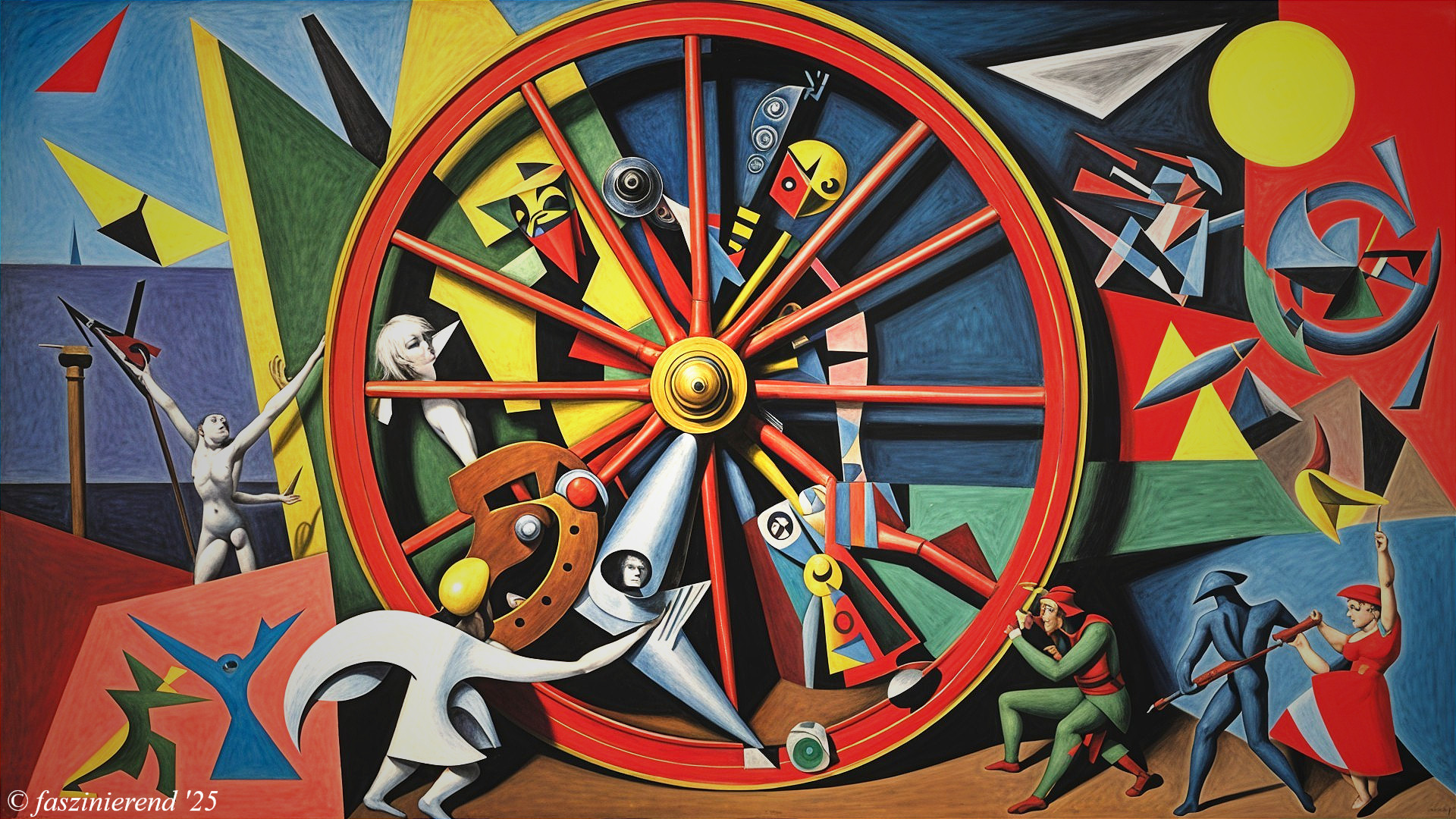 Abstract Composition with Red Wheel and Geometric Shapes