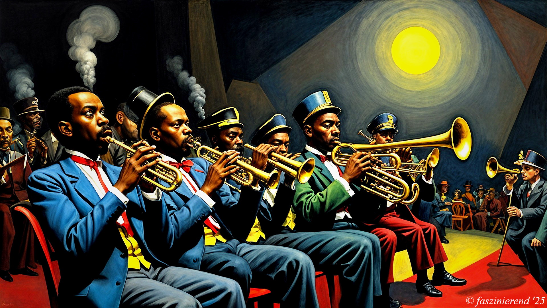Vibrant Jazz Scene with Musicians and Colorful Attire