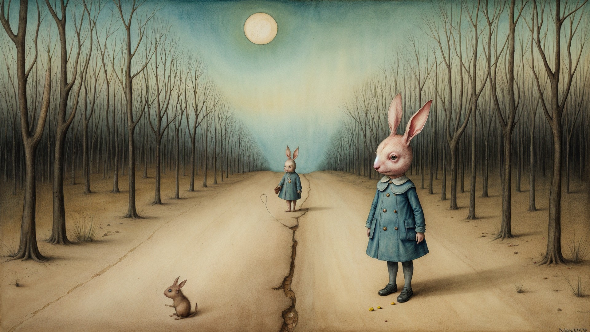 Surreal Twilight Landscape with Rabbit-Headed Figures