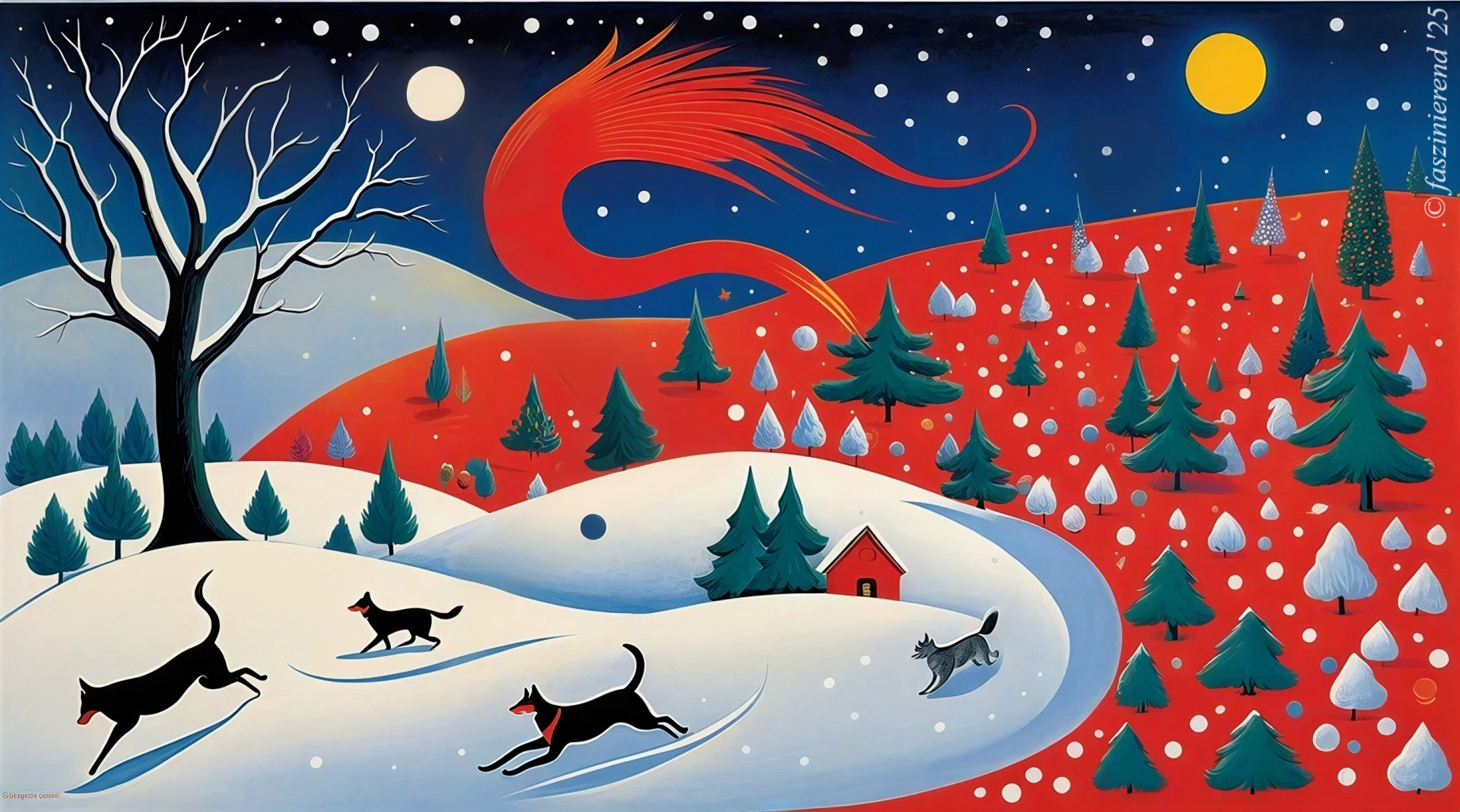 Whimsical Winter Landscape Illustration at Night