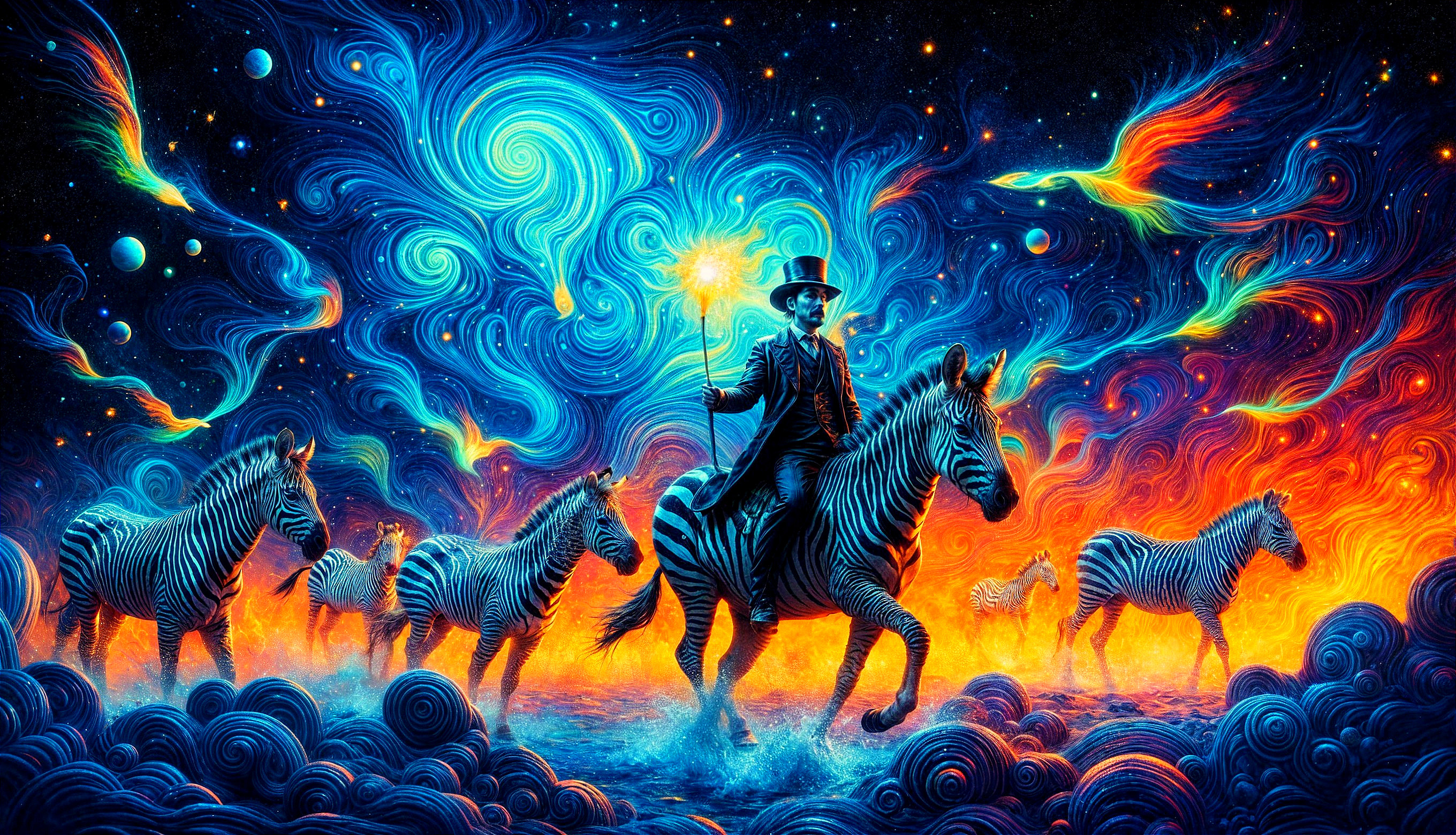 Surreal Scene of a Figure Riding a Zebra in Colors