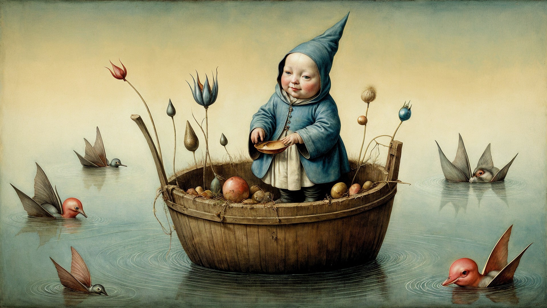 Whimsical Child in Boat Surrounded by Nature and Birds