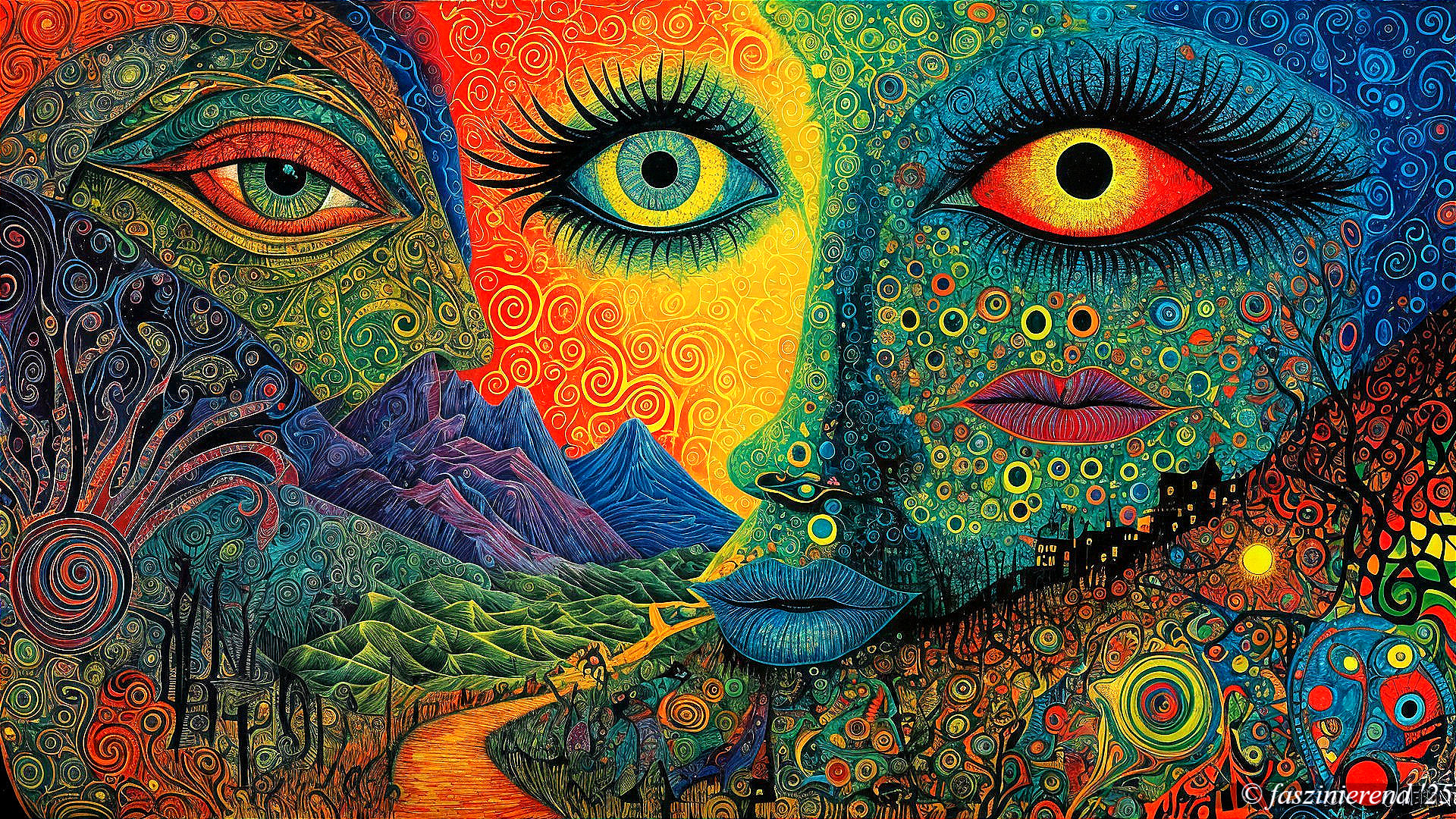 Surreal Artwork with Stylized Faces and Vivid Colors