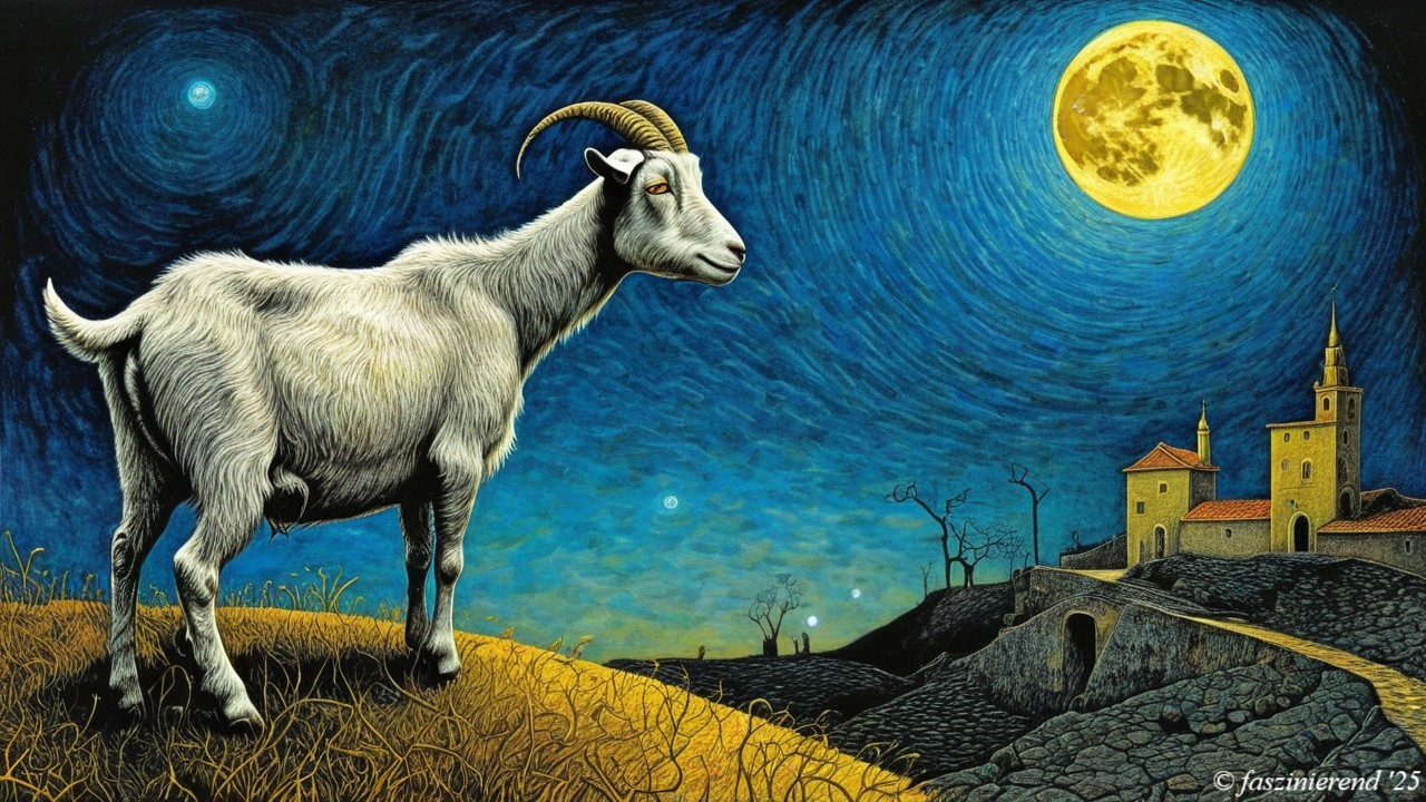 Surreal Landscape with Goat and Luminous Full Moon