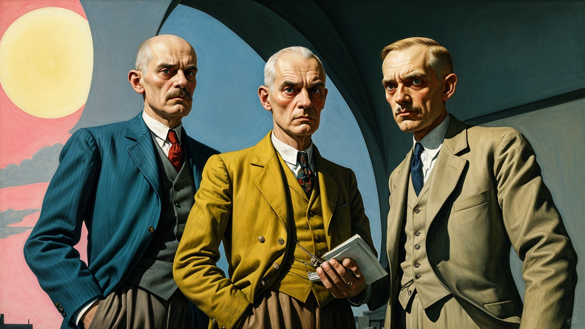 Three Men in Stylish Suits in Urban Sunset Setting