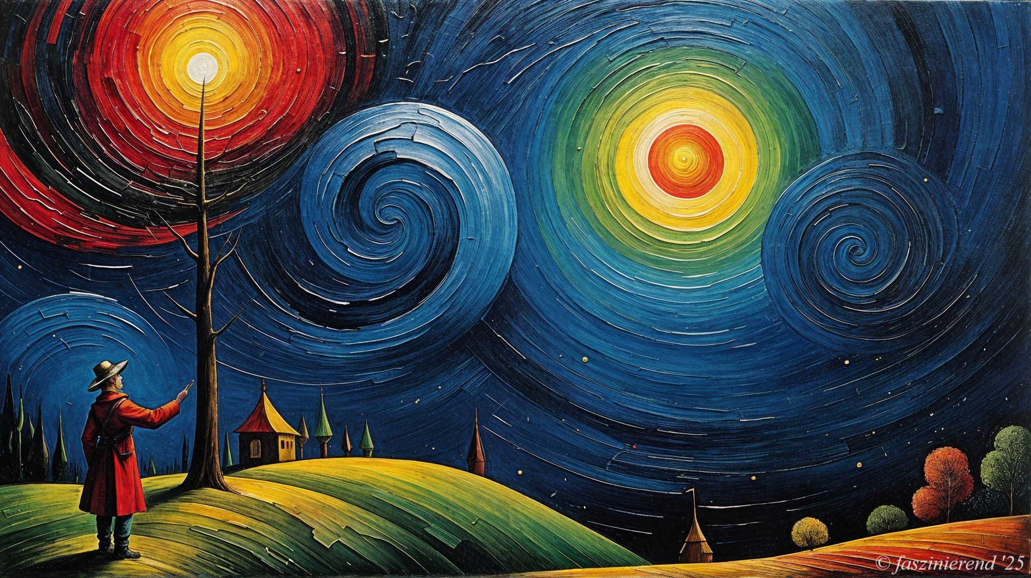 Vibrant Night Scene with Celestial Bodies and Hills