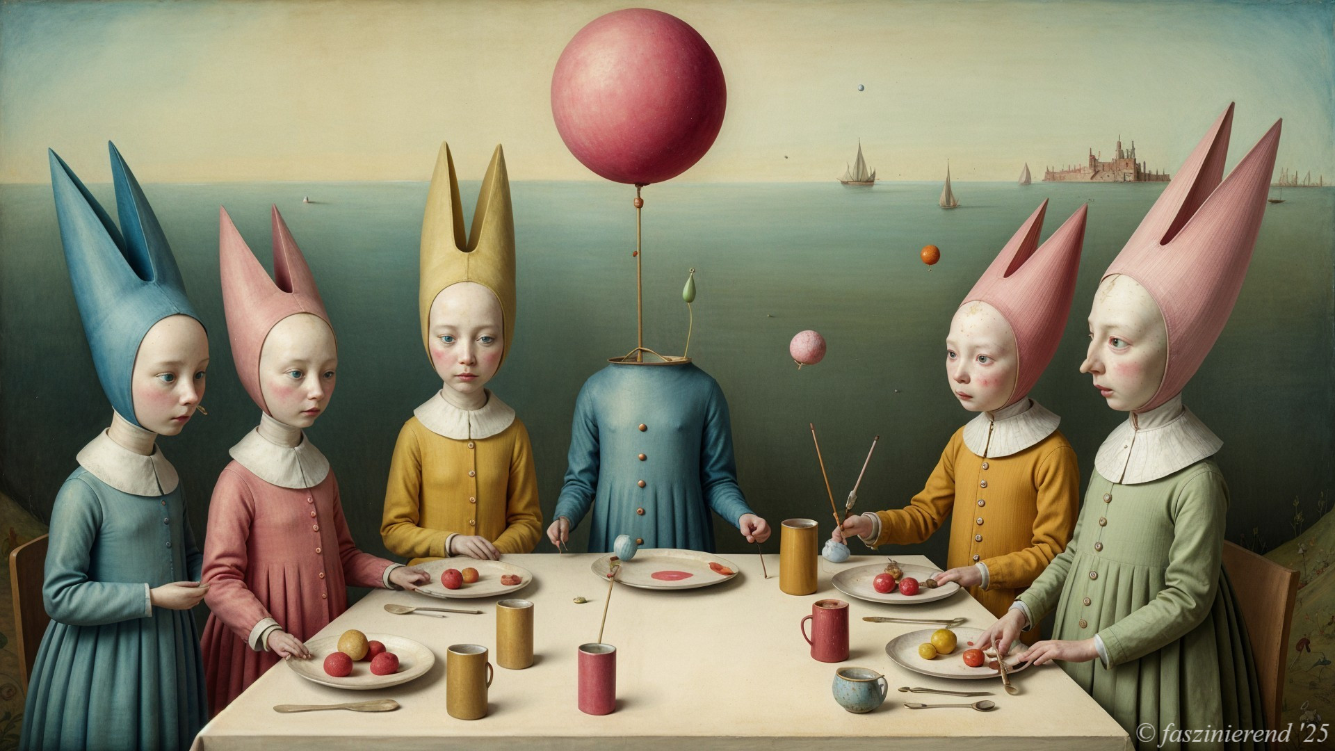 Surreal Dinner Scene with Children and Headless Figure