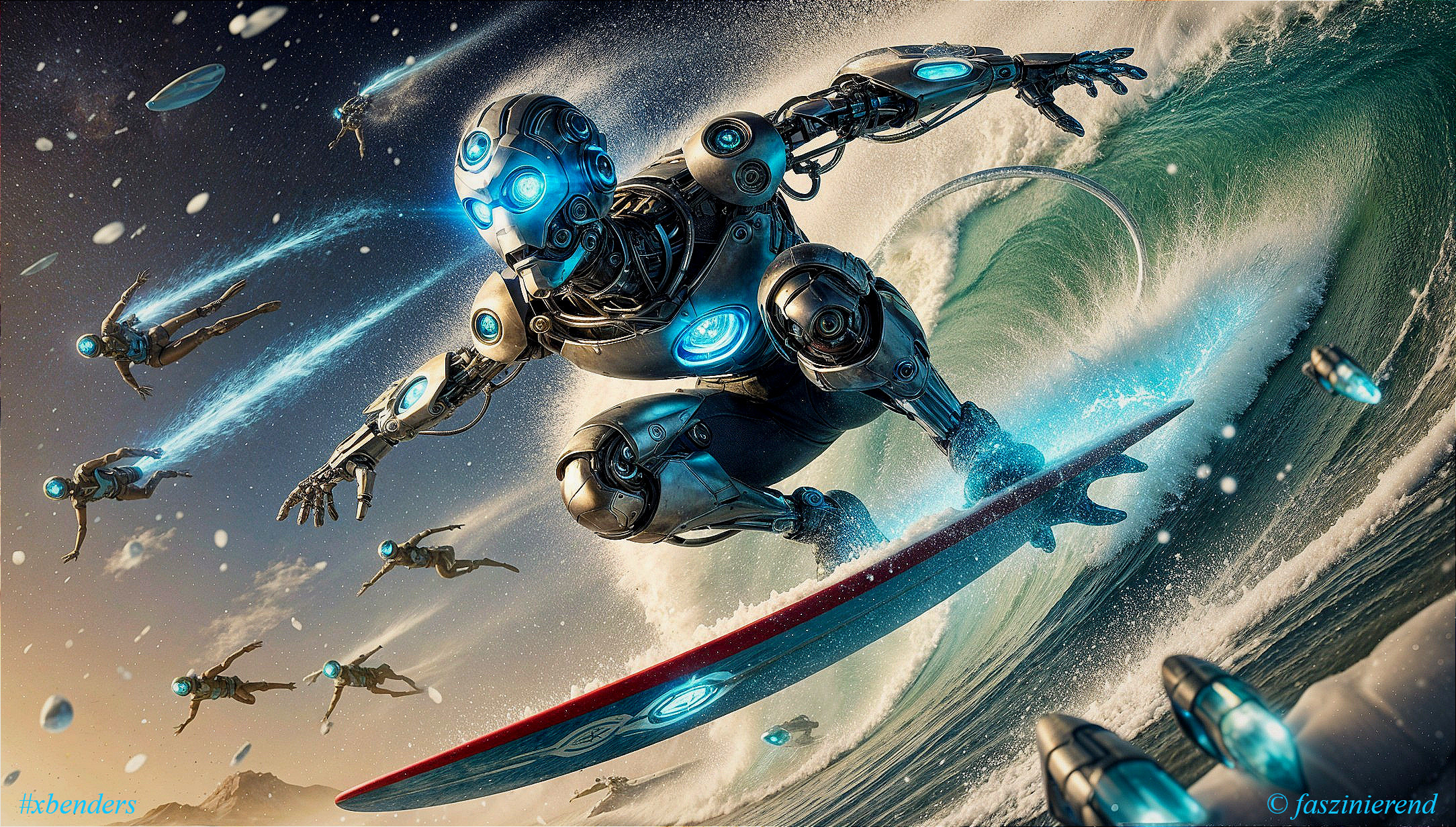 Futuristic humanoid robot surfing vibrant ocean waves