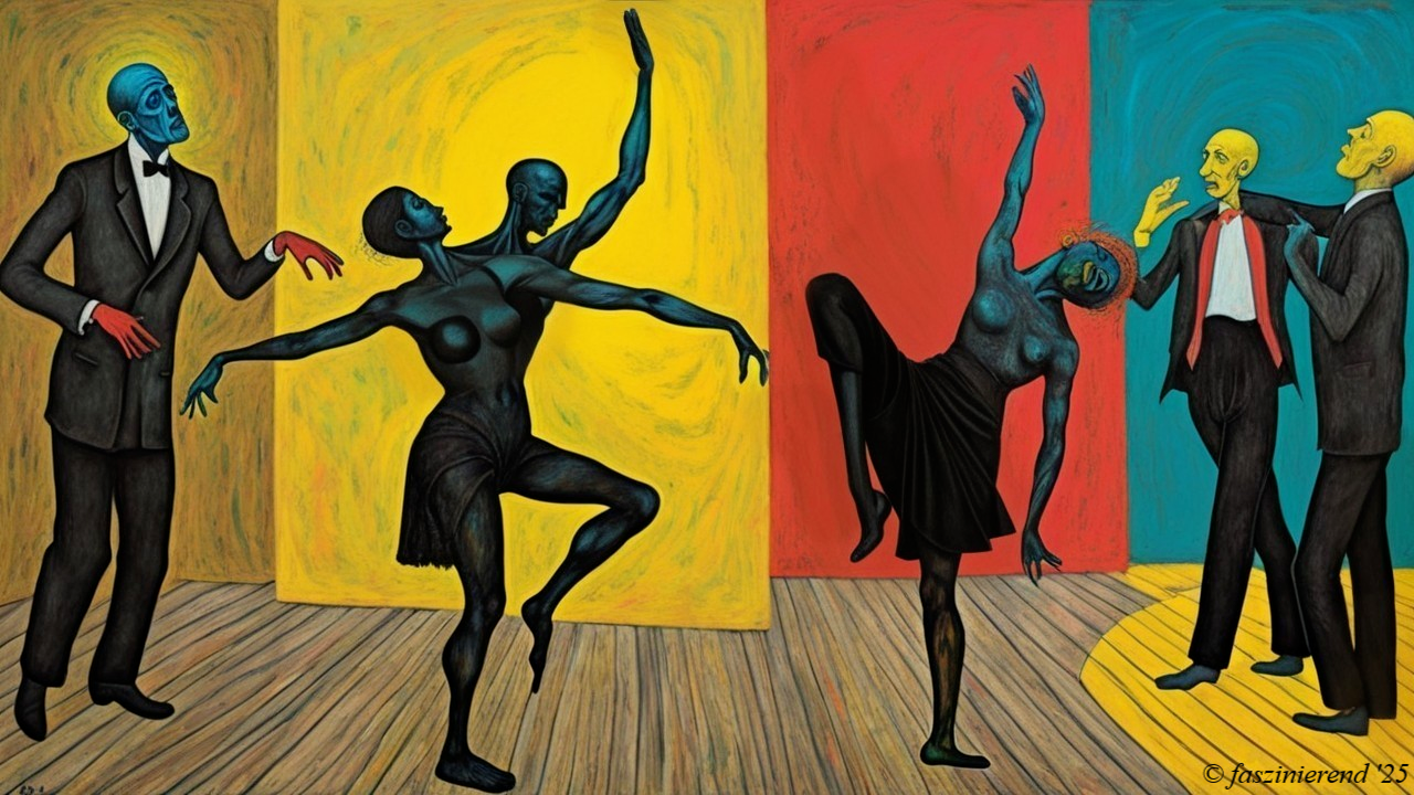 Abstract Dance Scene with Blue Figures and Onlookers