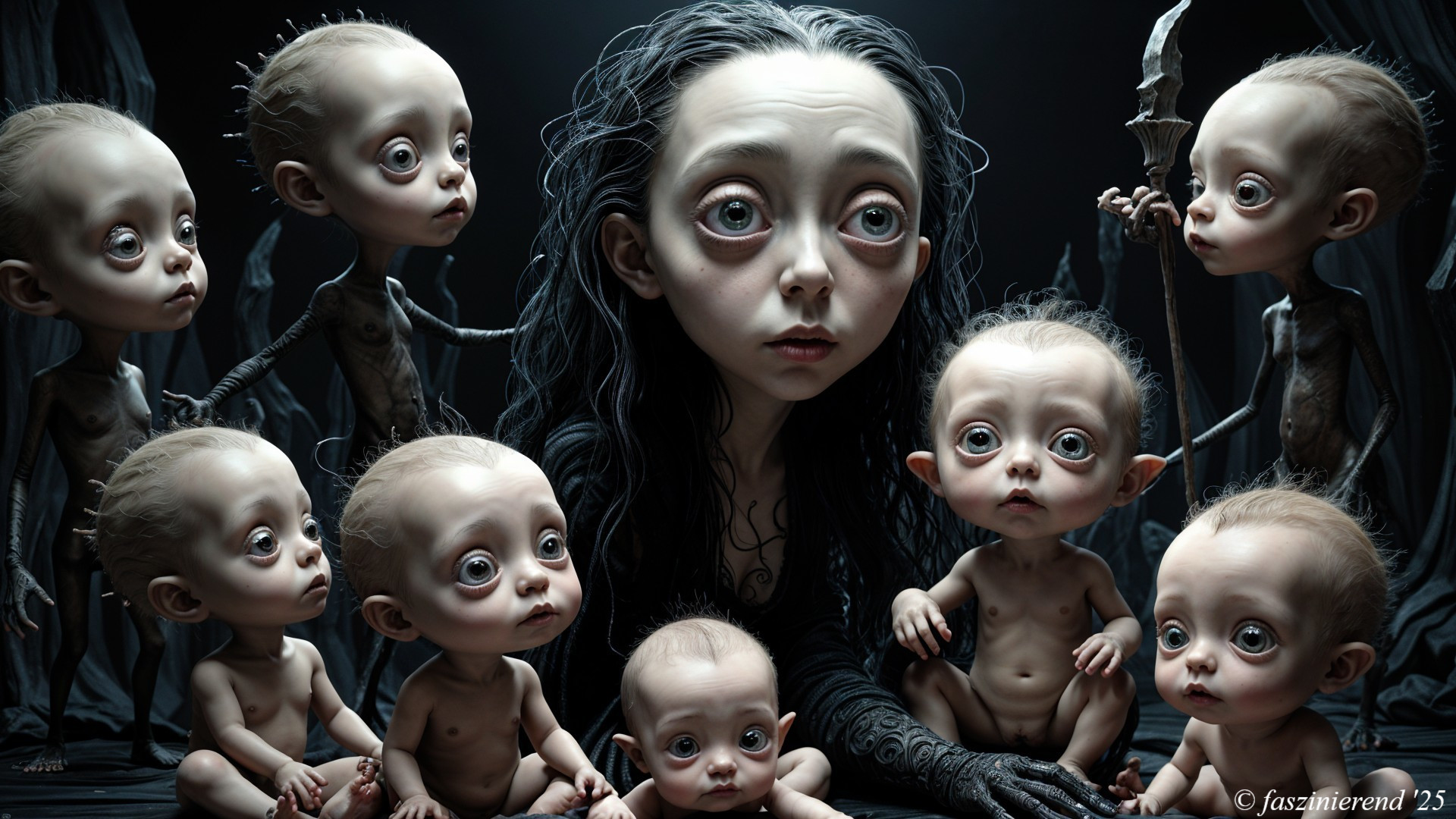 Surreal Scene with Expressive Eyes and Eerie Infants