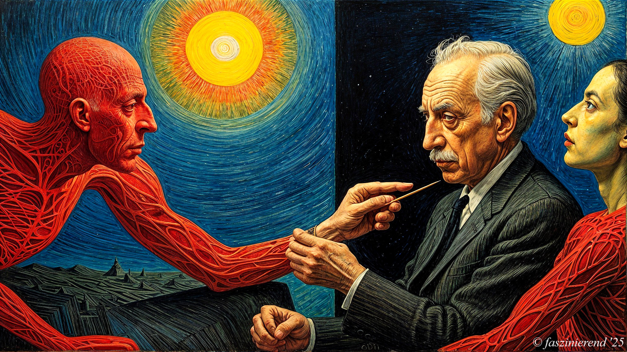 Surreal Artwork with Intricate Figures and Dynamic Light