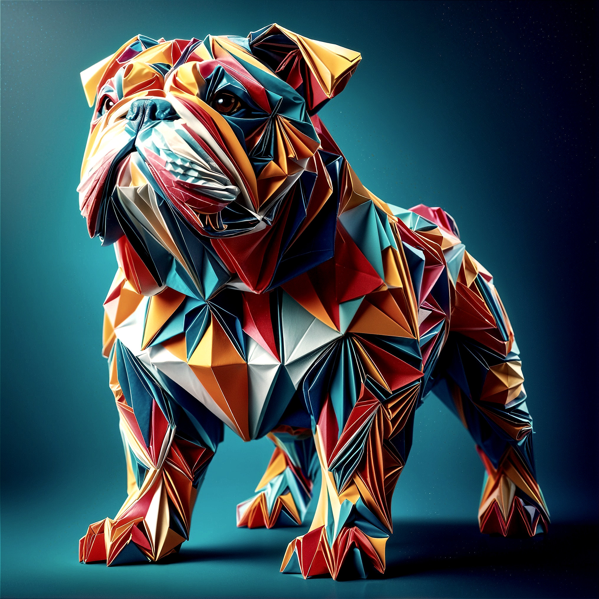 Geometric Paper Sculpture of a Colorful Bulldog
