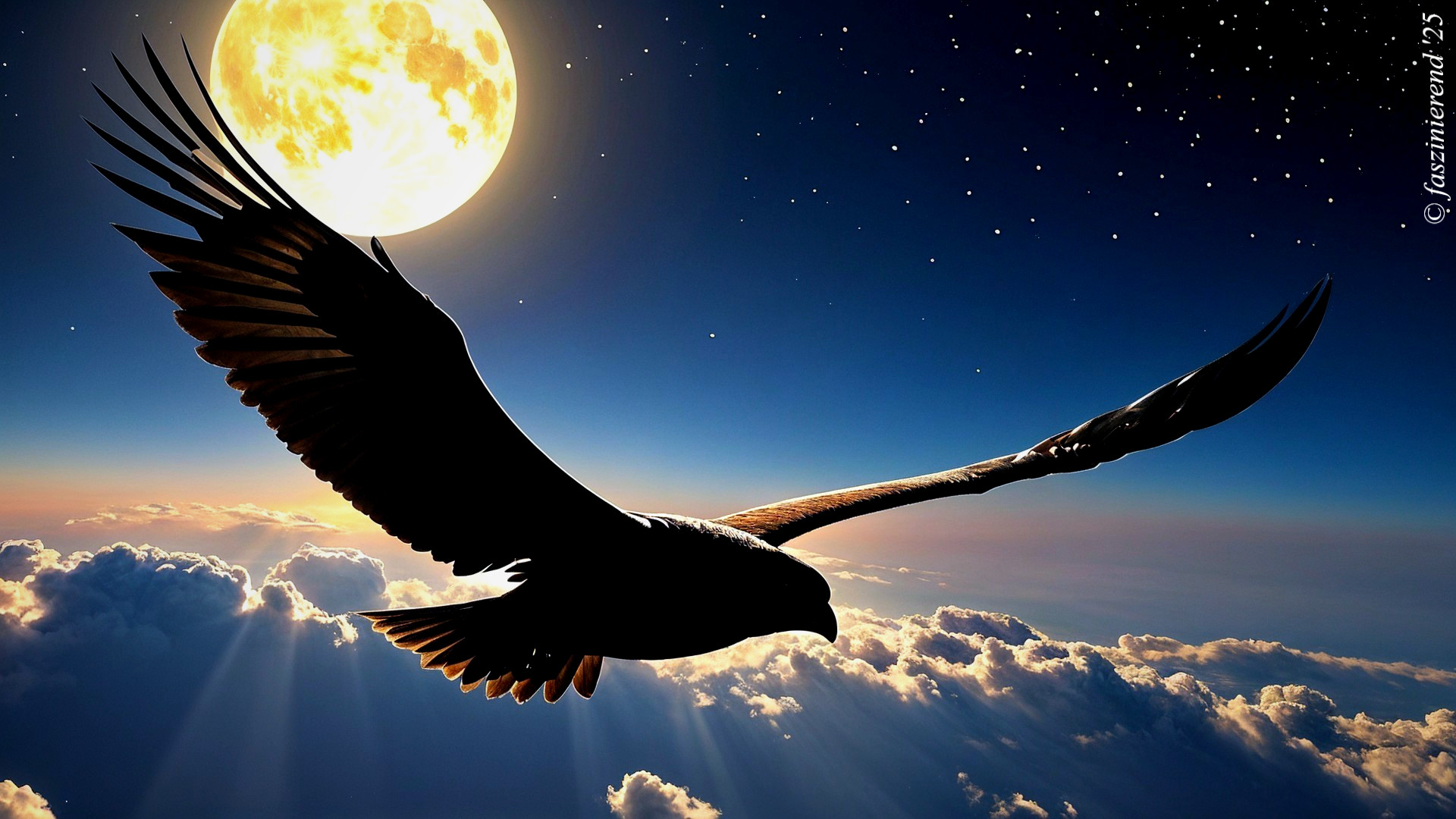 Eagle Soaring in Twilight Sky with Moon and Stars