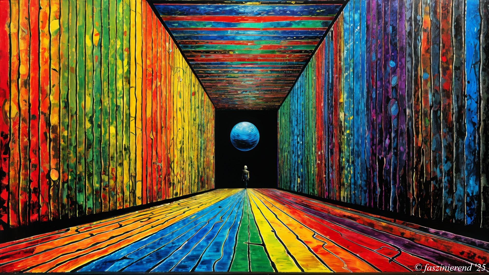 Surreal Corridor with Colorful Walls and Dark Void