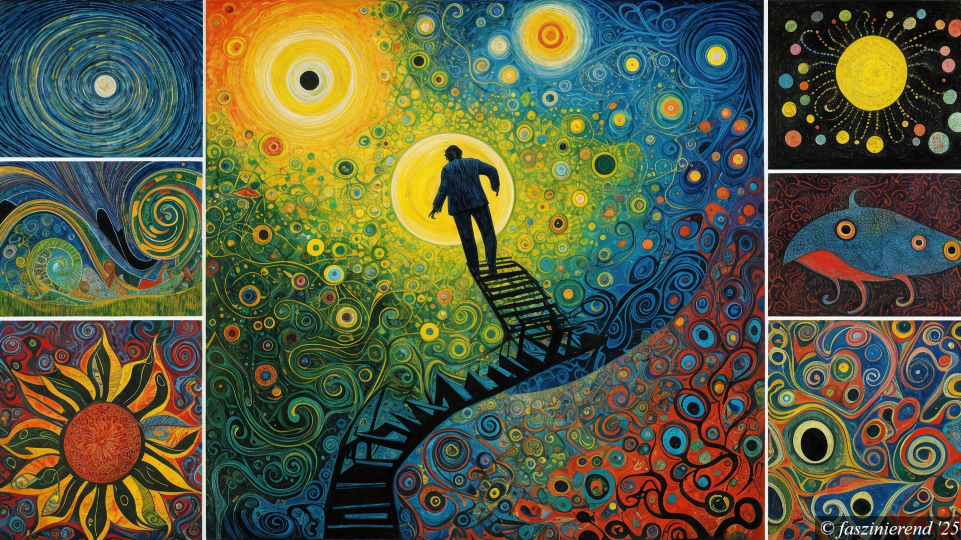 Vibrant Collage of Ascending Figure and Celestial Patterns