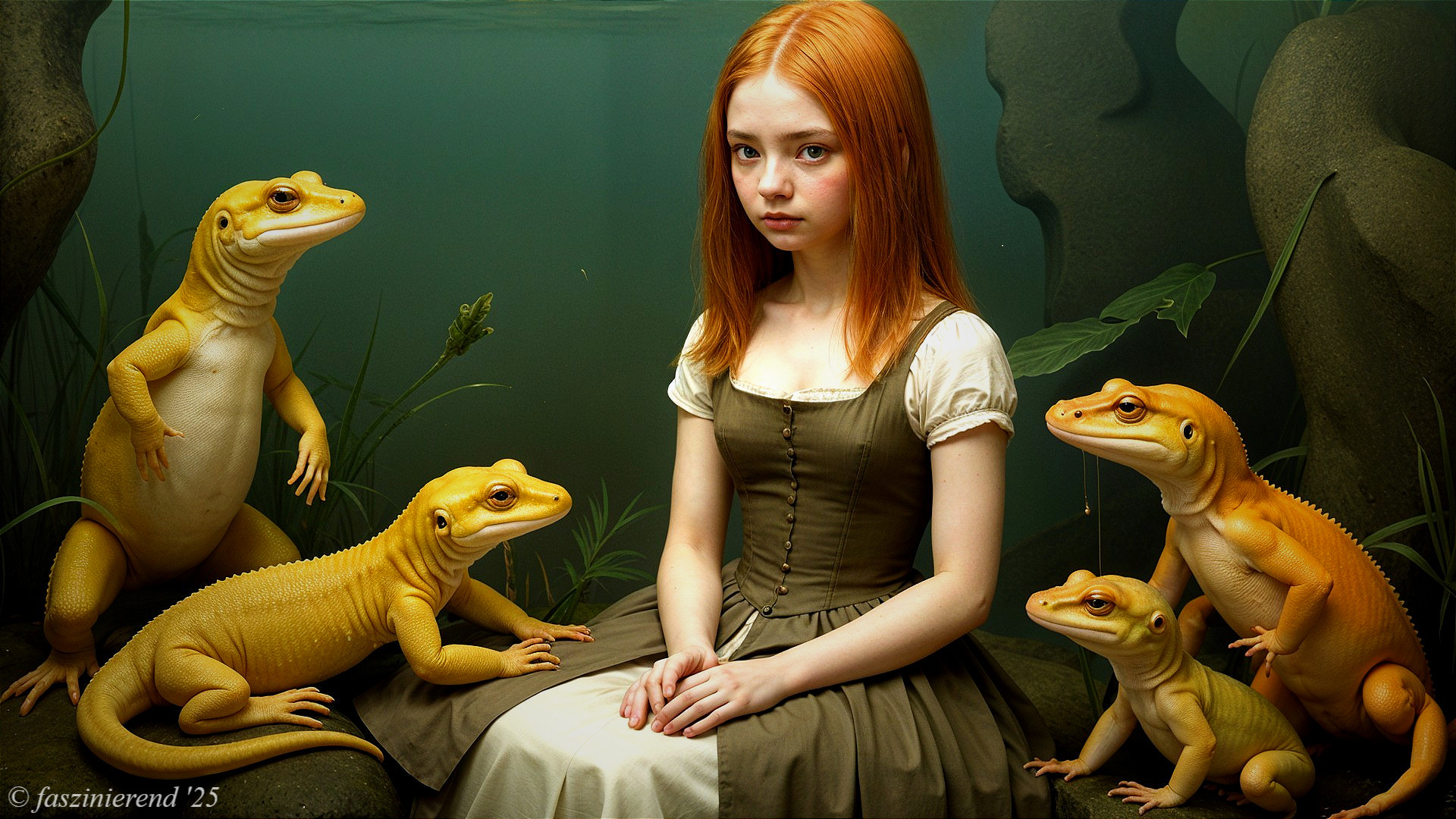 Young girl with red hair in serene underwater scene