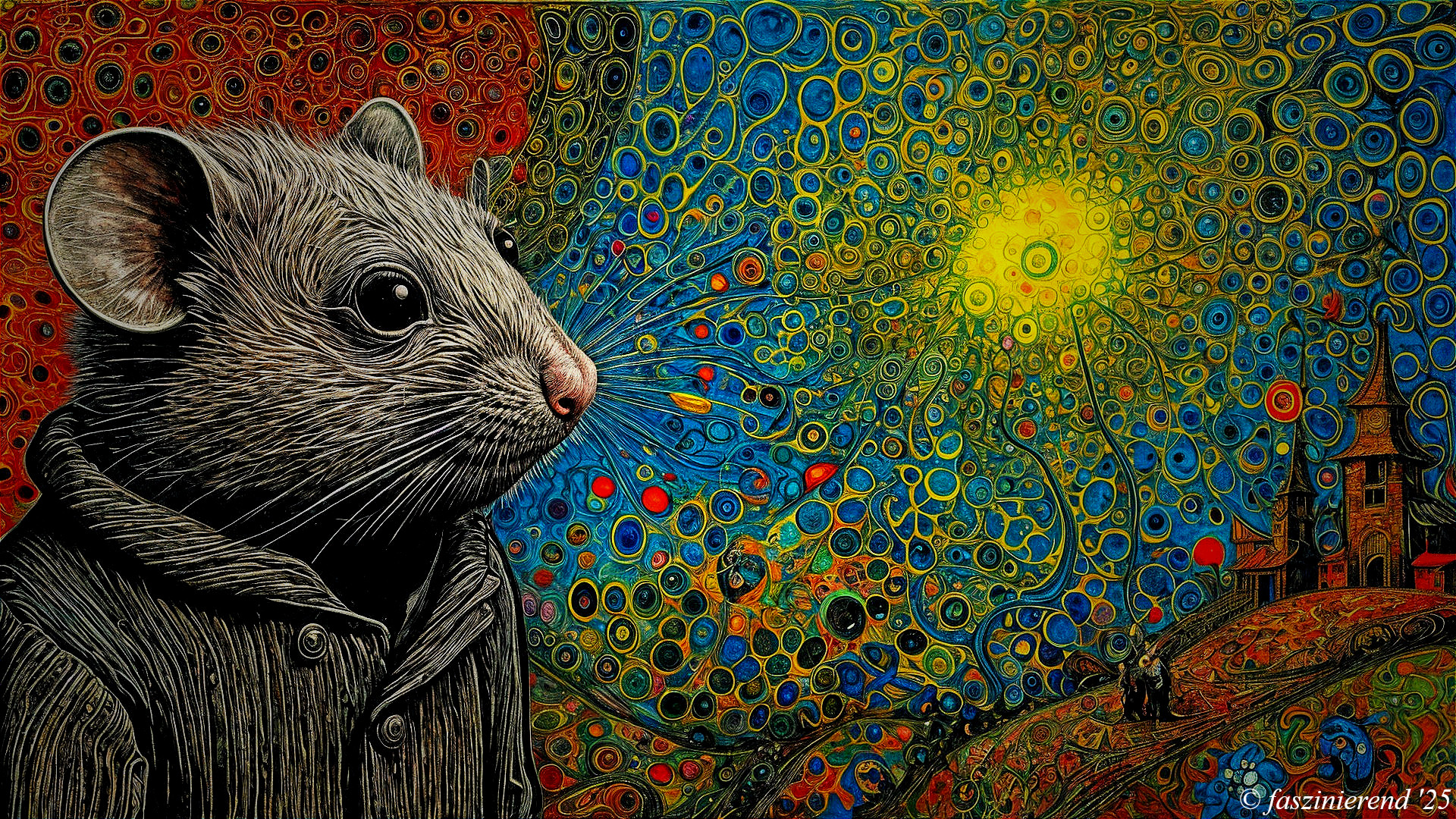Mouse in Black Hoodie Against Abstract Background