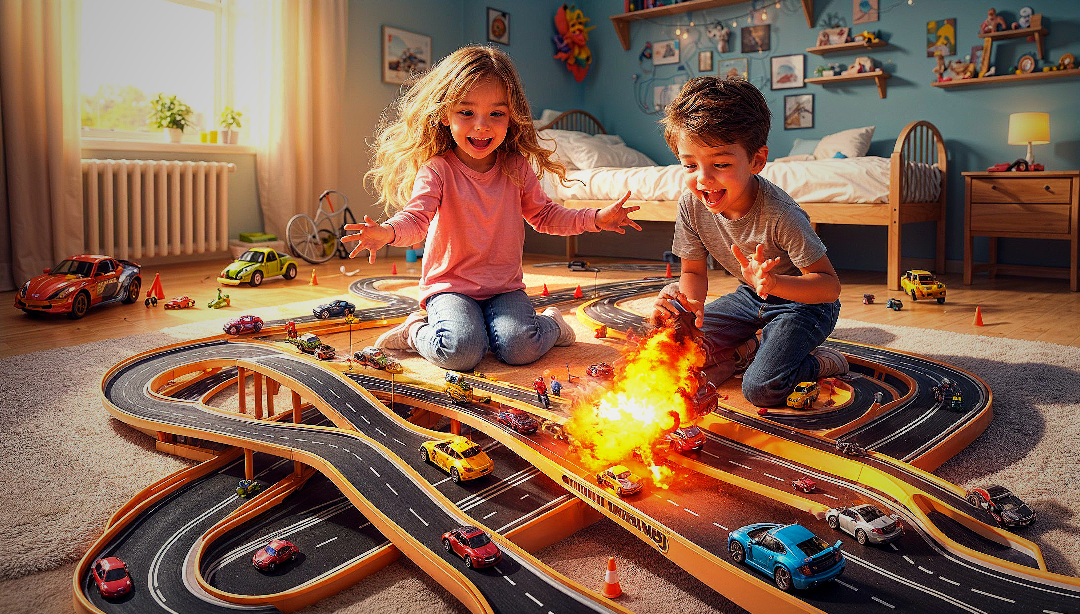 Children Playing with Toy Car Racetrack in Cozy Room