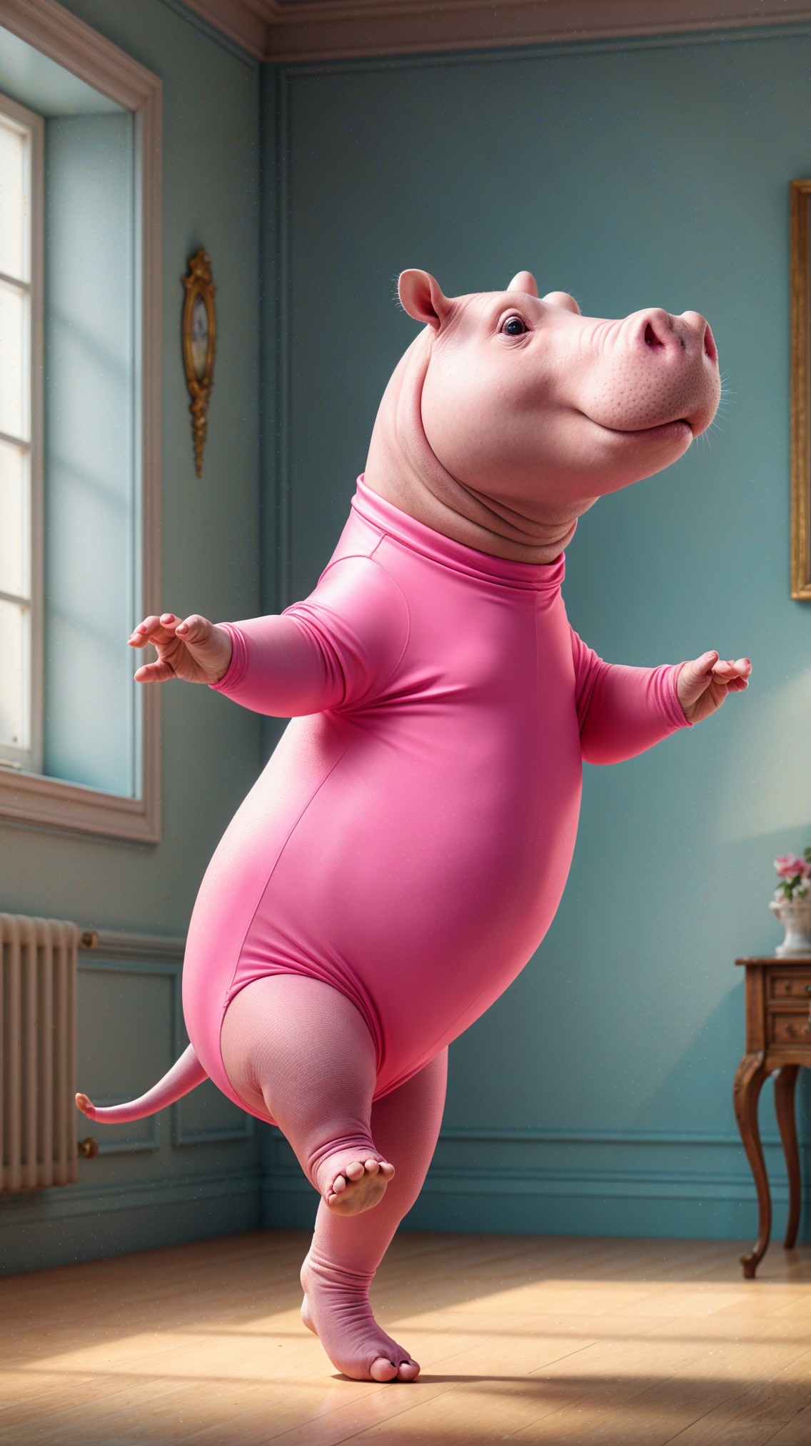 Cartoon Hippo in Elegant Room with Vintage Decor