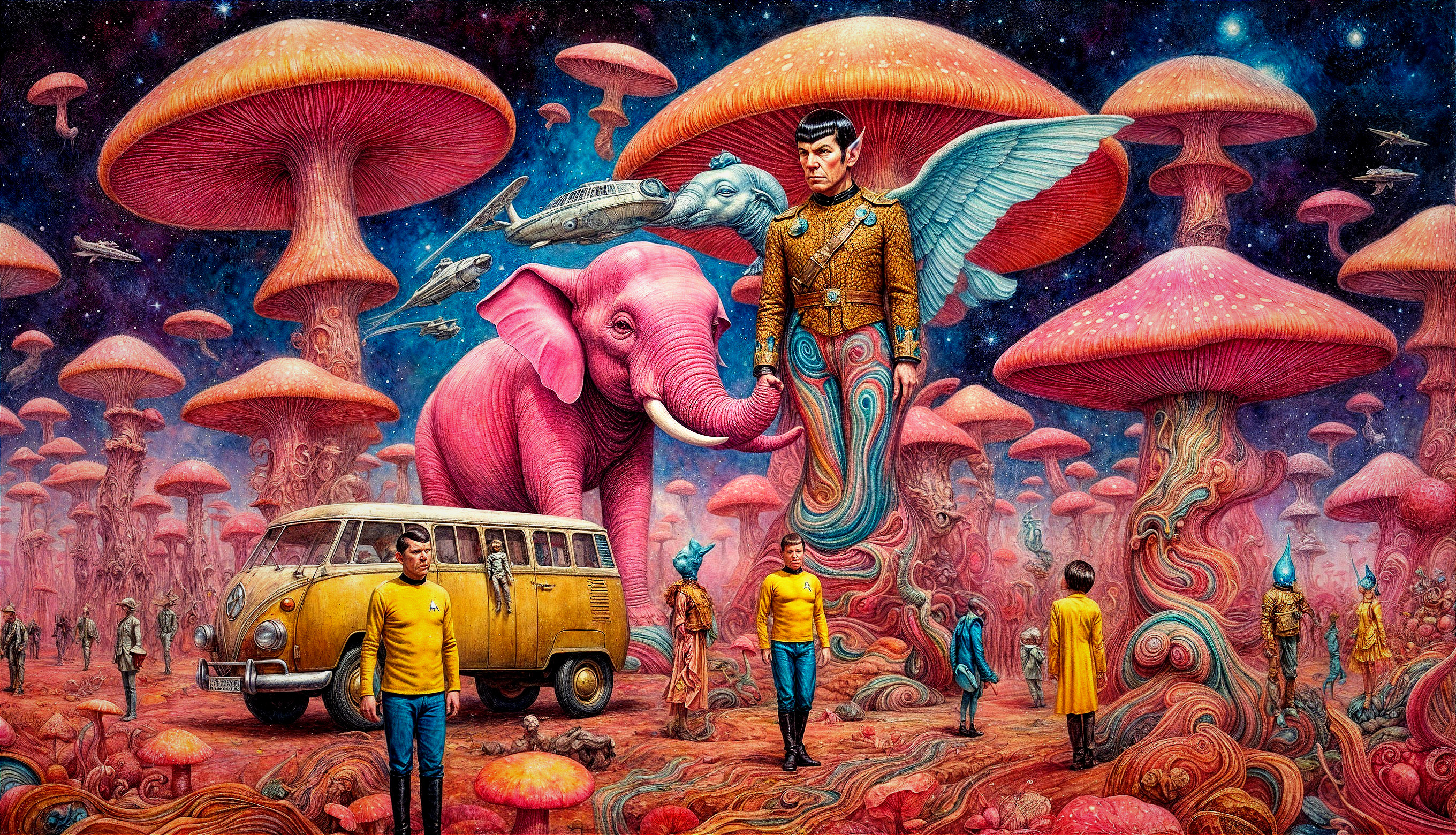 Surreal Landscape with Colorful Mushrooms and Elephants