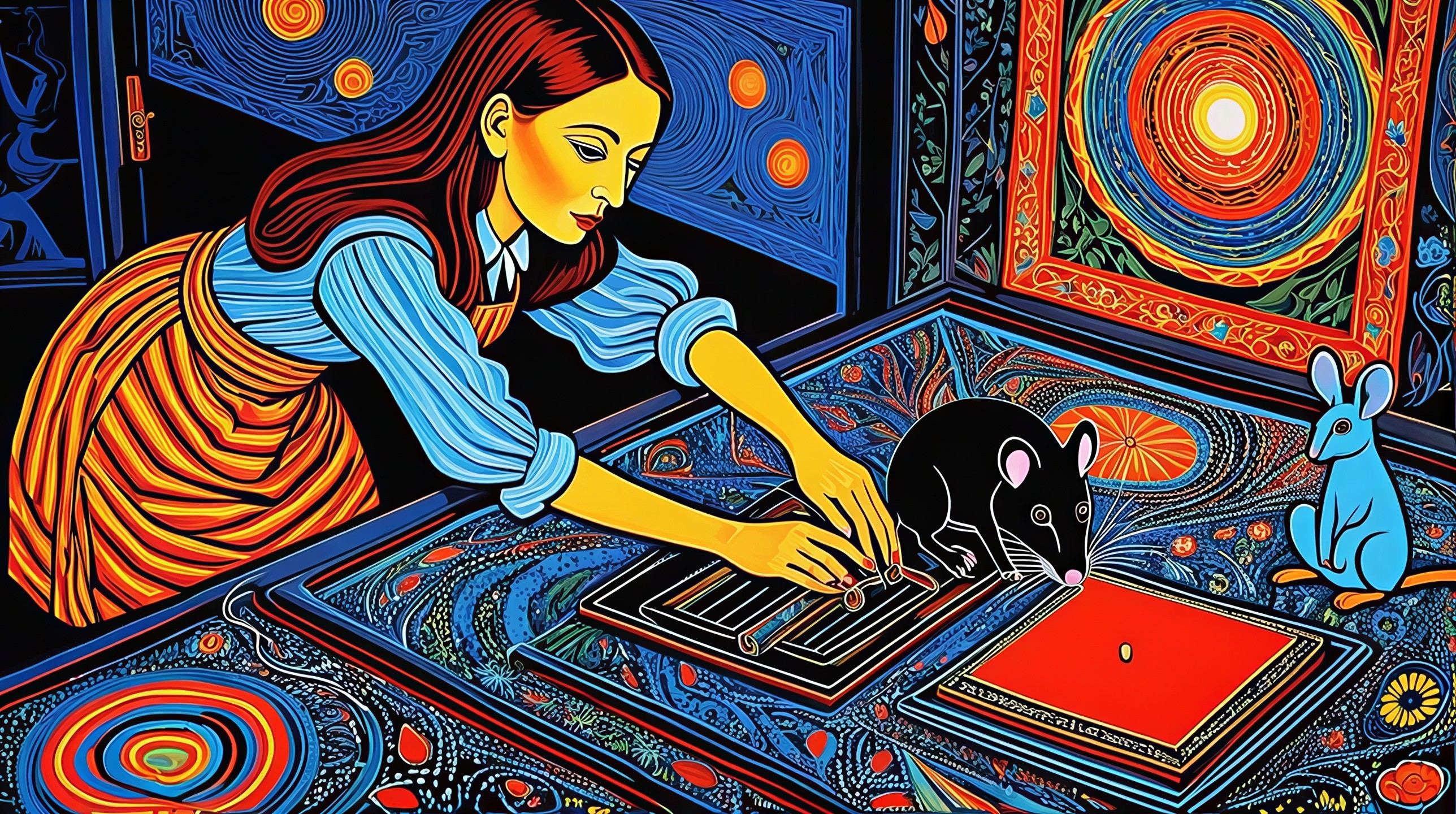 Van Gogh Style Painting of Woman with Rats and Colors