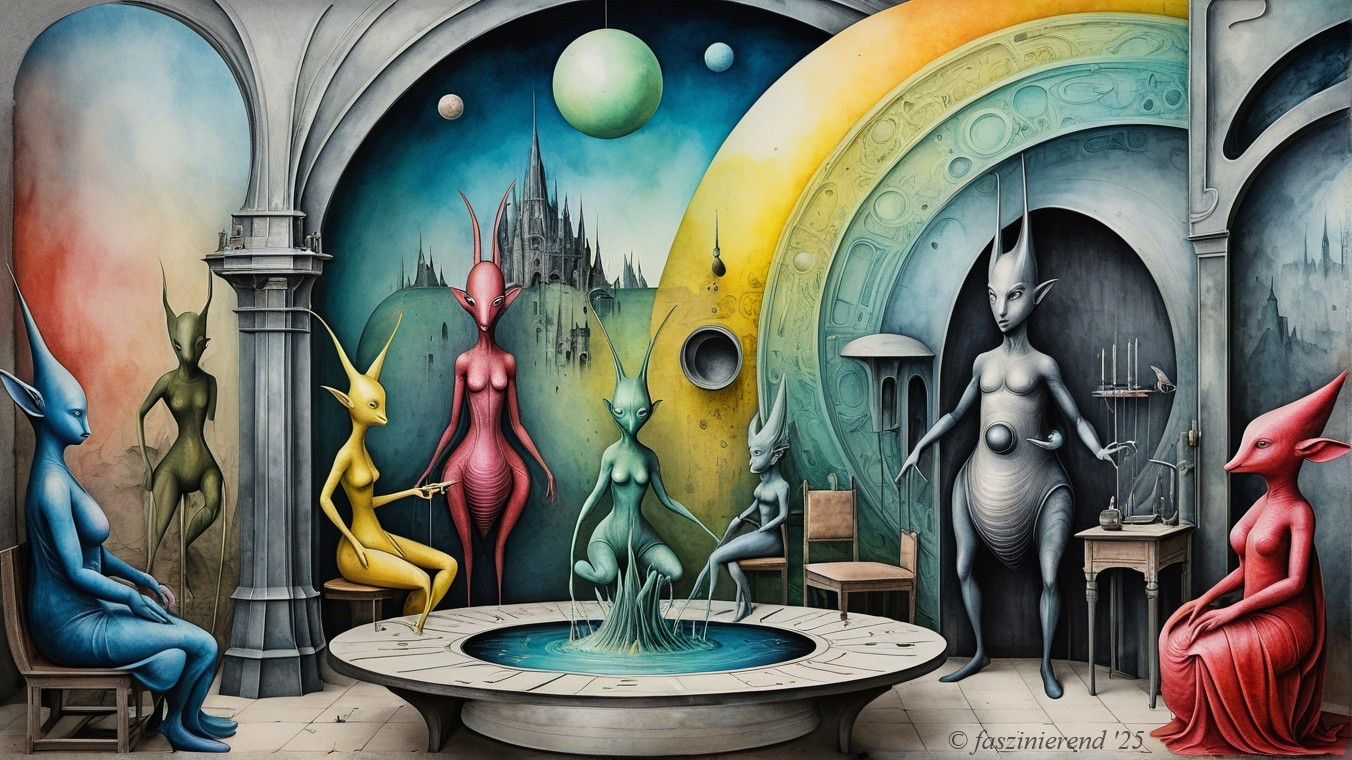 Humanoid Creatures in a Surreal Colorful Landscape