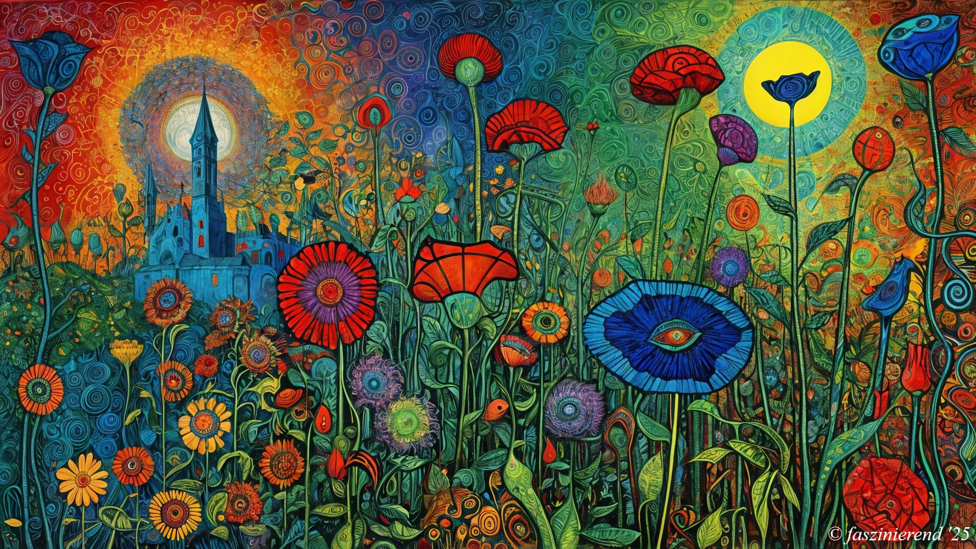 Vibrant Whimsical Landscape with Colorful Flowers