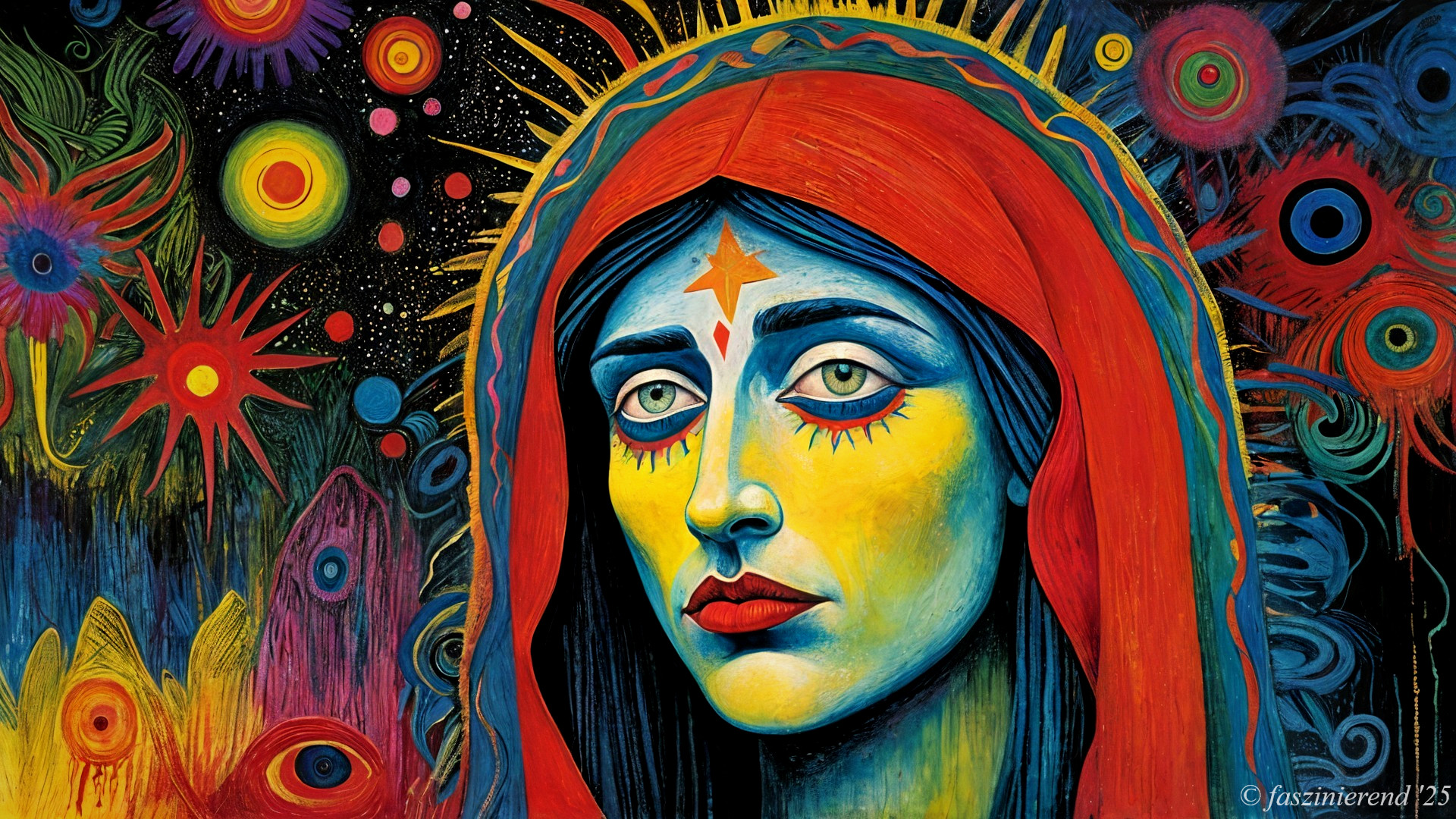 Surreal Portrait of a Woman with Blue Eyes and Hood